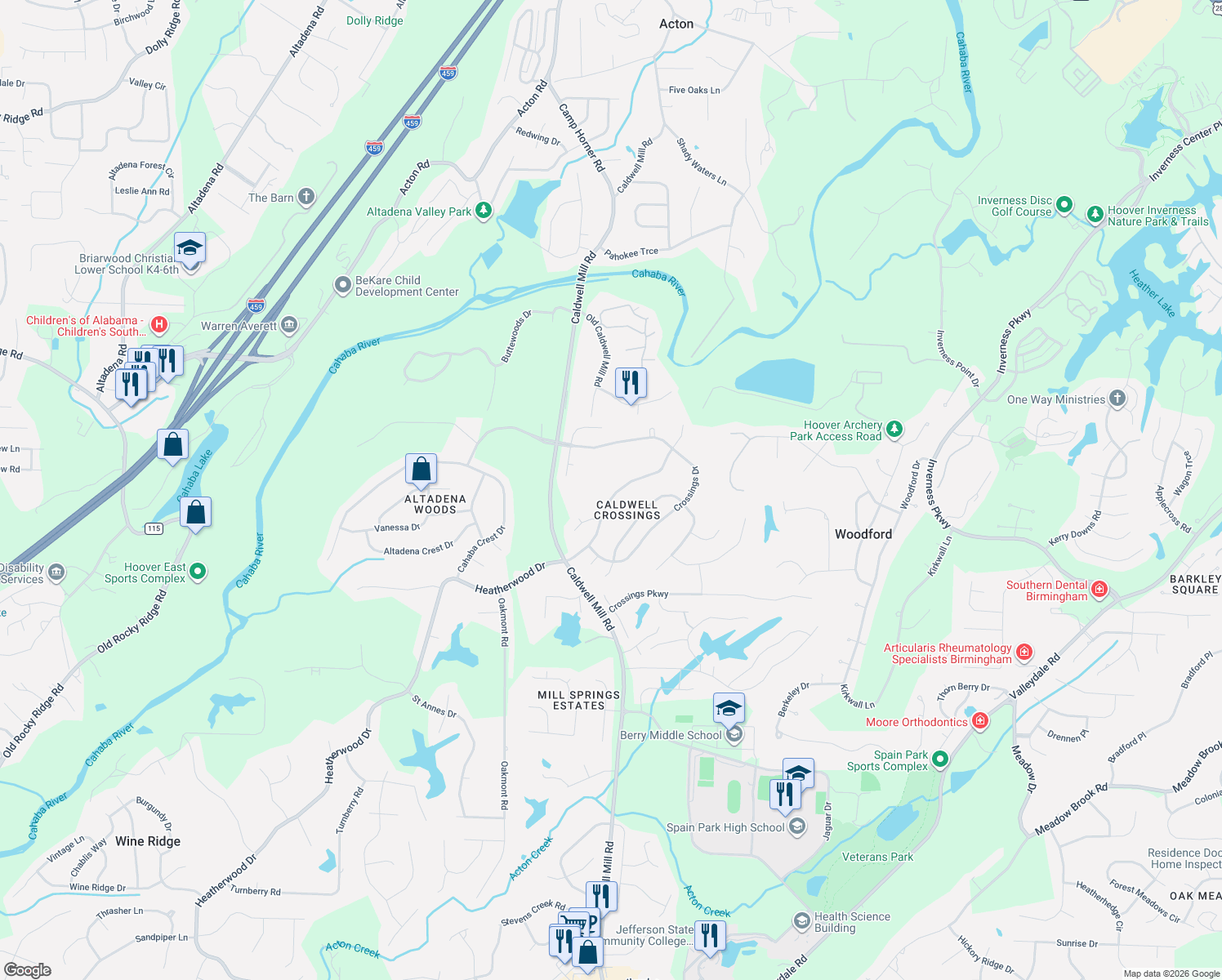map of restaurants, bars, coffee shops, grocery stores, and more near 3704 Crossings Crest in Birmingham
