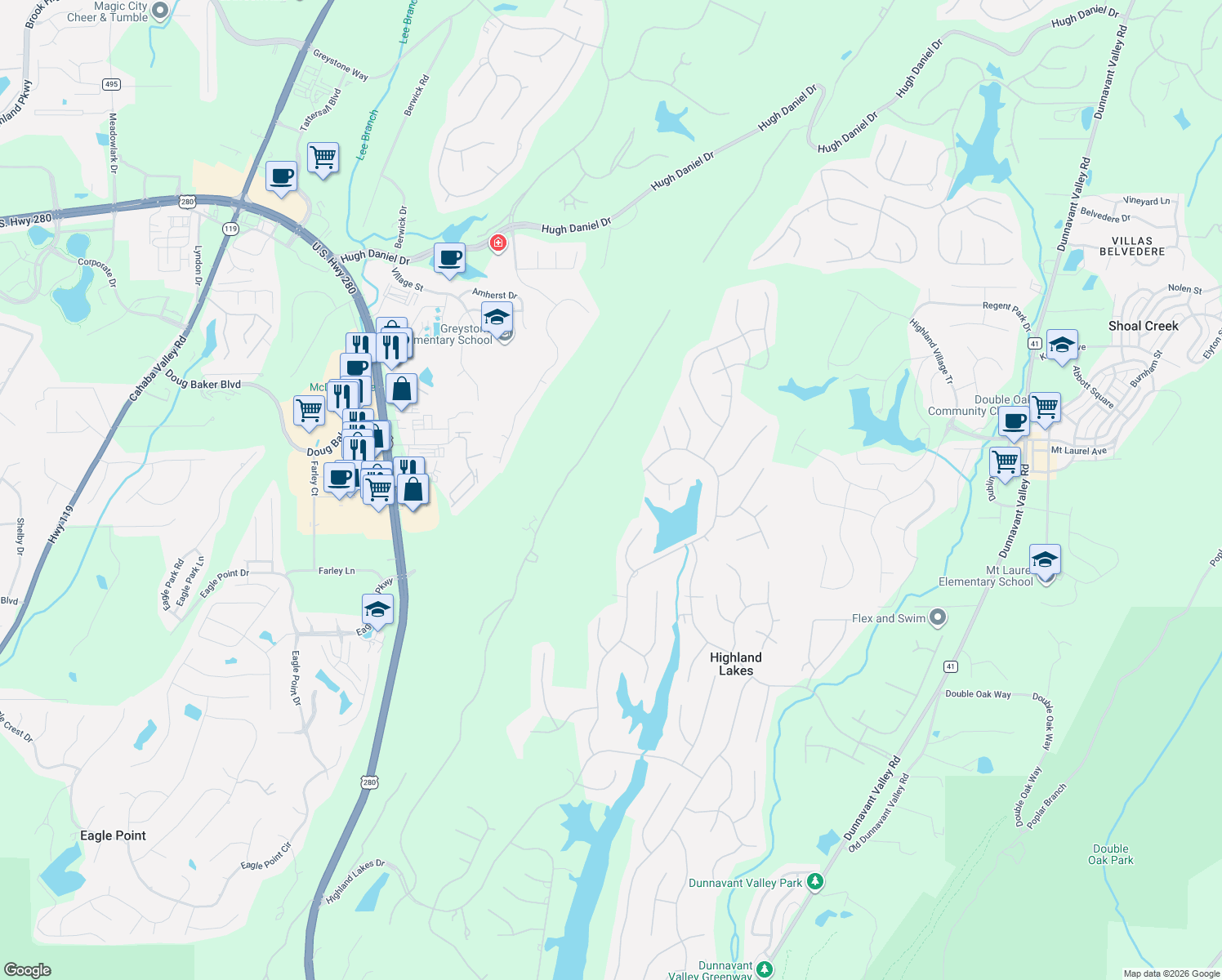 map of restaurants, bars, coffee shops, grocery stores, and more near 1544 Highland Lakes Trail in Birmingham