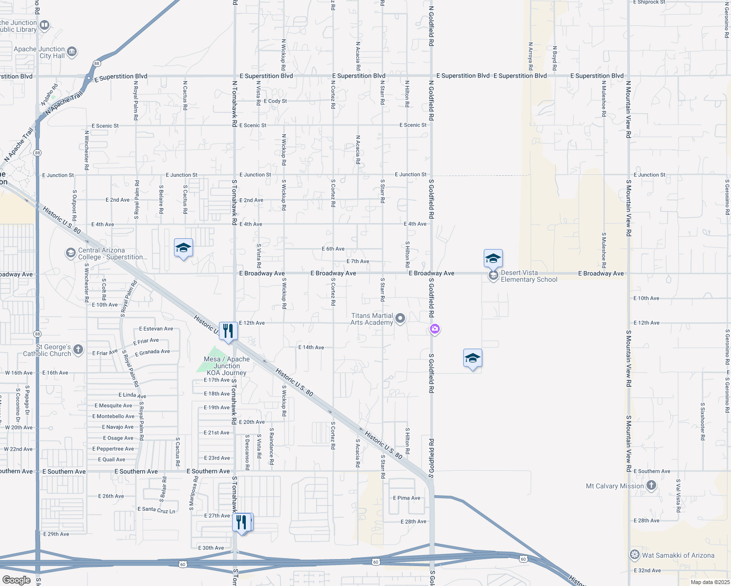 map of restaurants, bars, coffee shops, grocery stores, and more near 2636 East 10th Avenue in Apache Junction