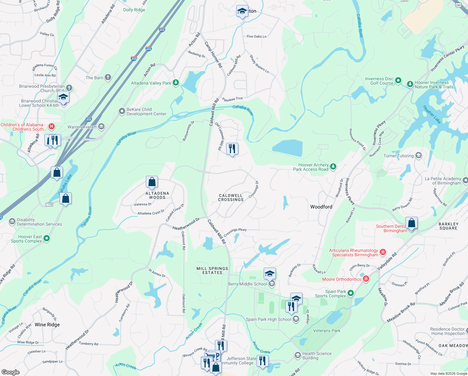 map of restaurants, bars, coffee shops, grocery stores, and more near 3725 Crossings Crest in Birmingham