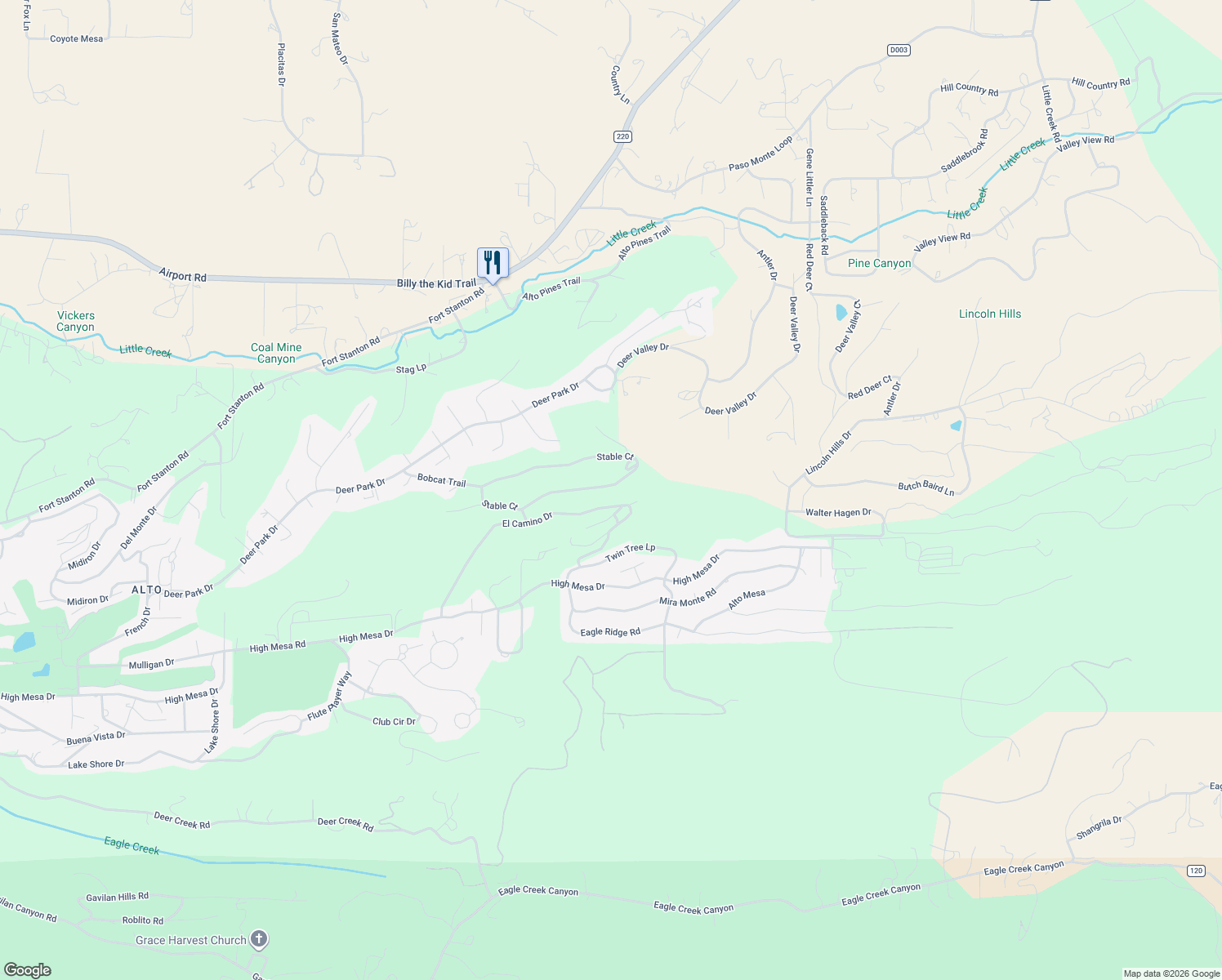 map of restaurants, bars, coffee shops, grocery stores, and more near El Camino Drive in Alto