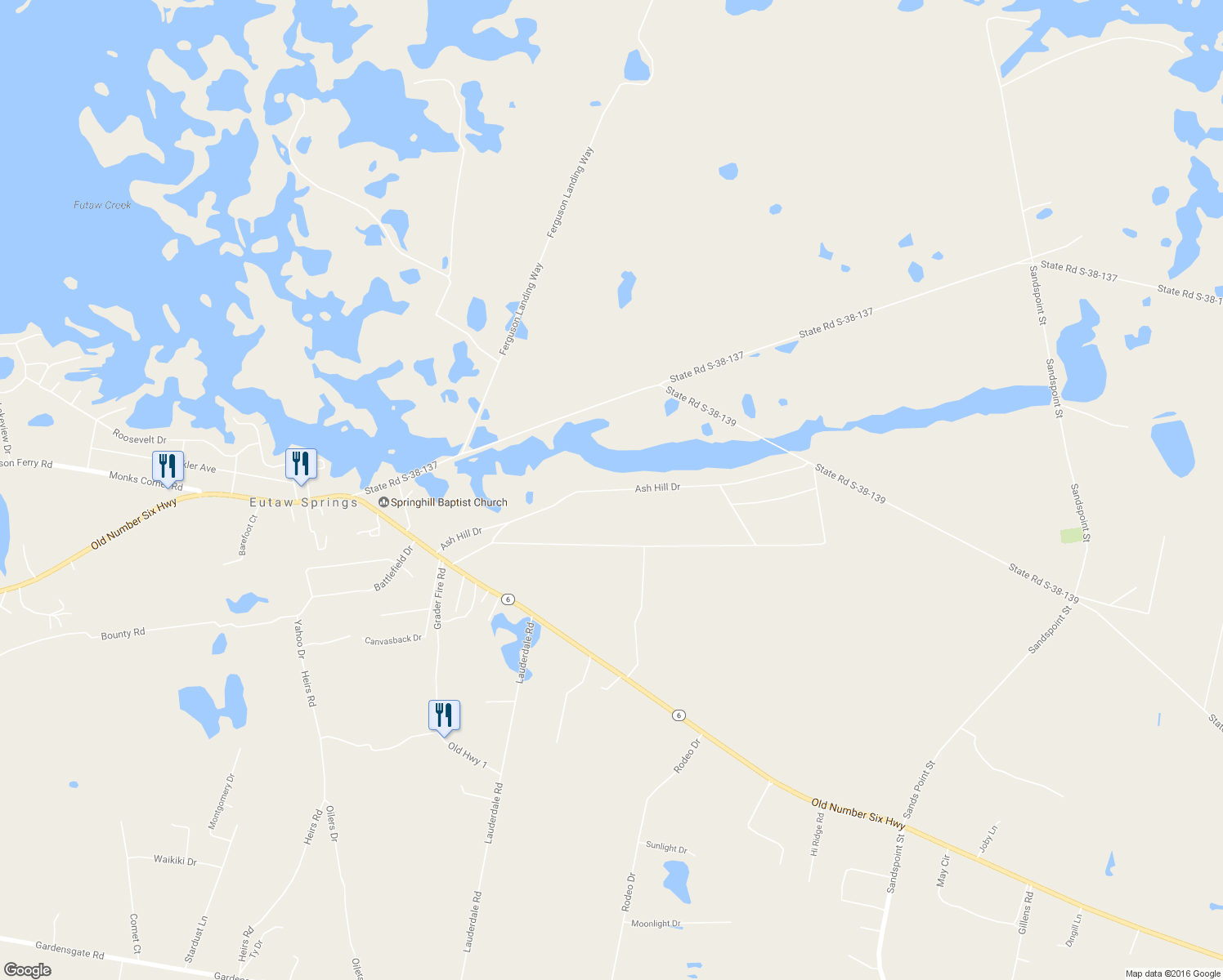 map of restaurants, bars, coffee shops, grocery stores, and more near 226-228 Ash Hill Drive in Eutawville