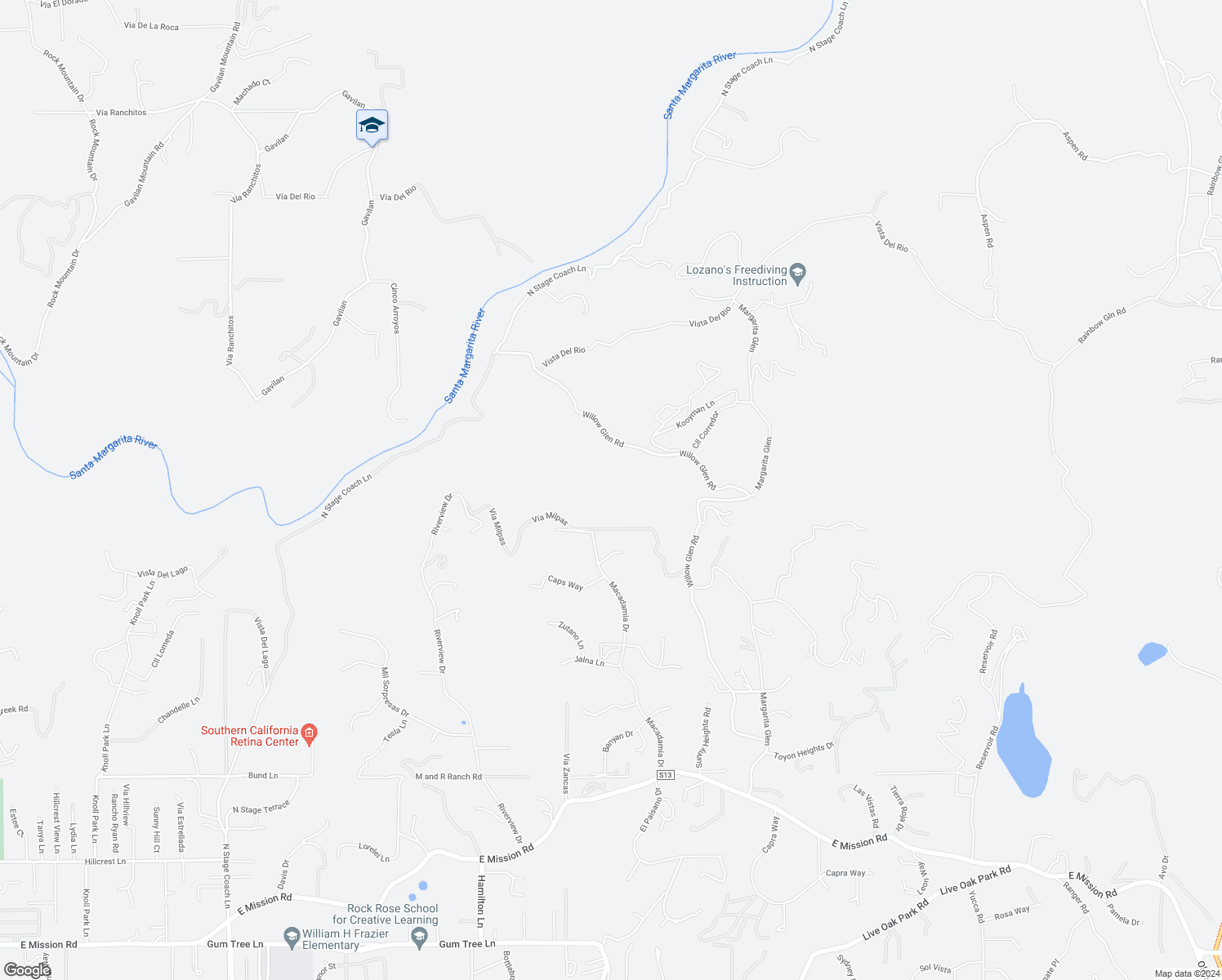 map of restaurants, bars, coffee shops, grocery stores, and more near 2100 Willow Glen Road in Fallbrook