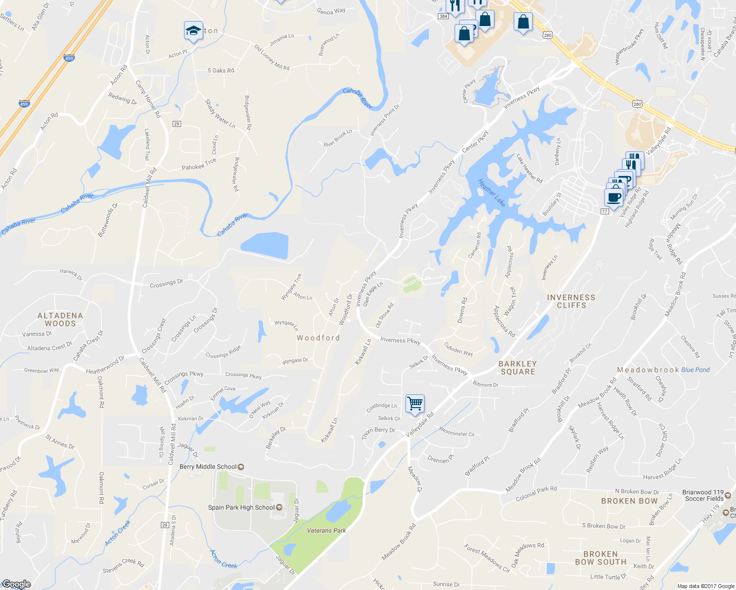 map of restaurants, bars, coffee shops, grocery stores, and more near 2039 Glen Eagle Lane in Birmingham