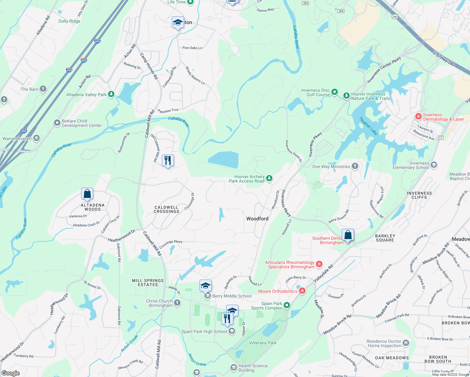 map of restaurants, bars, coffee shops, grocery stores, and more near 3504 Wyngate Trce in Birmingham