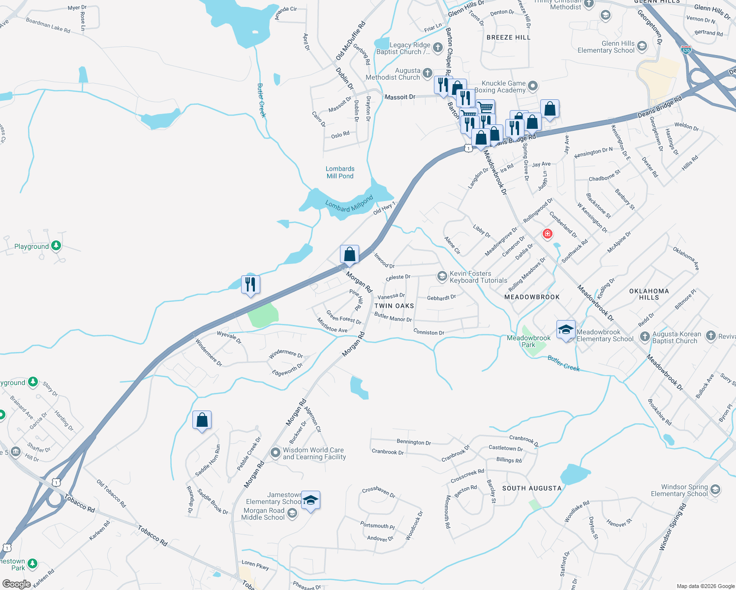 map of restaurants, bars, coffee shops, grocery stores, and more near 3419 Morgan Road in Hephzibah