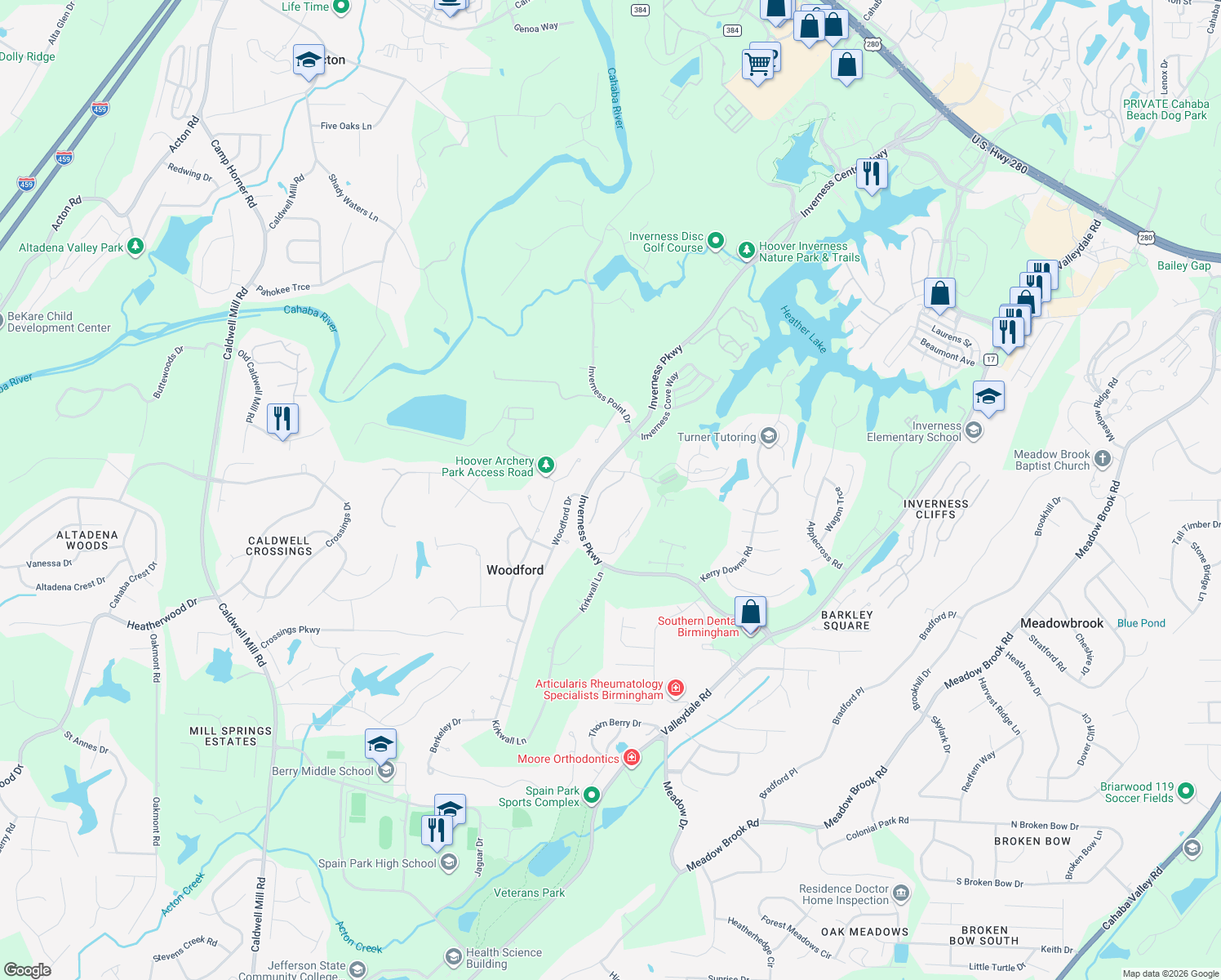 map of restaurants, bars, coffee shops, grocery stores, and more near 2027 Glen Eagle Lane in Birmingham