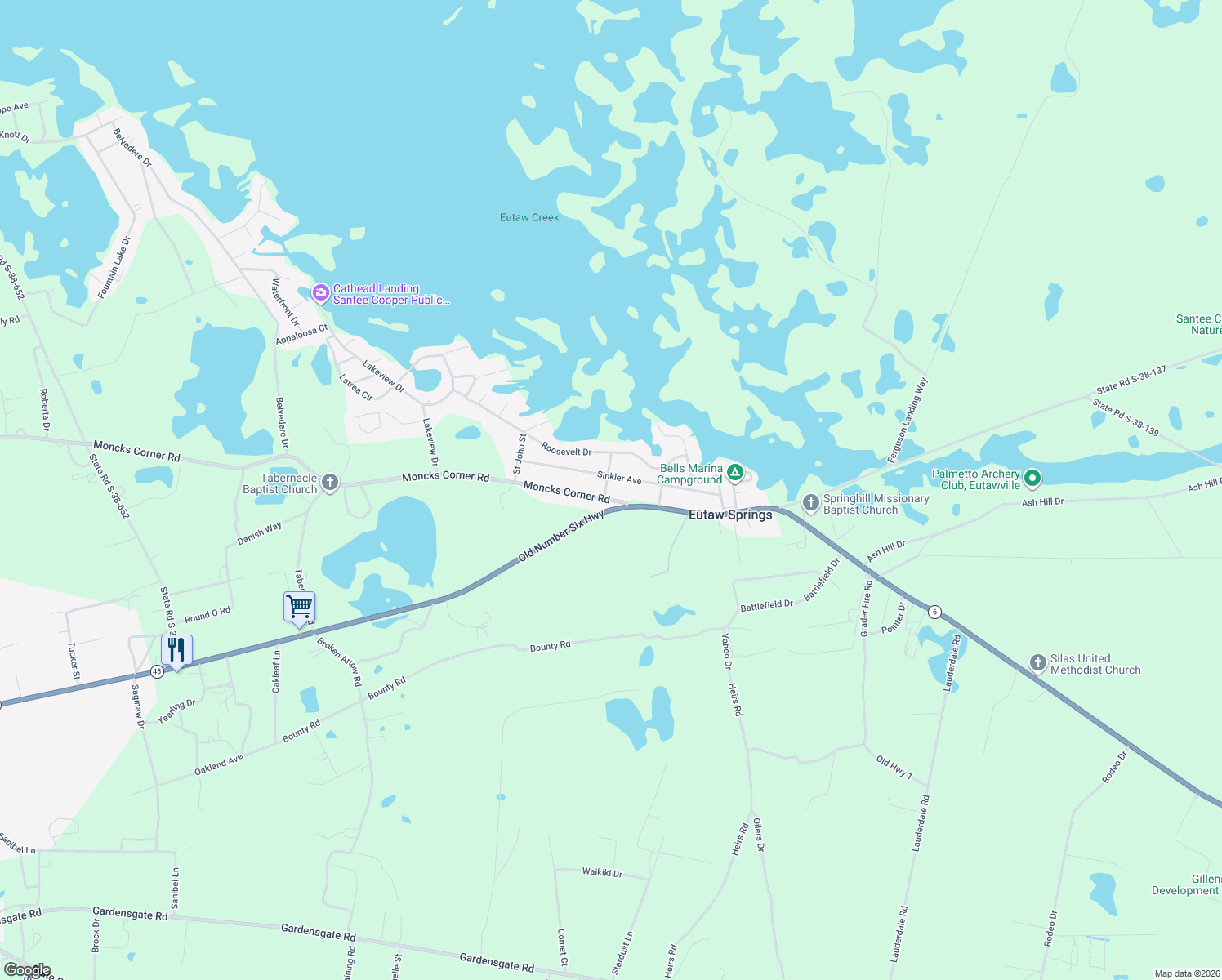 map of restaurants, bars, coffee shops, grocery stores, and more near 213 Heyward St in Eutawville