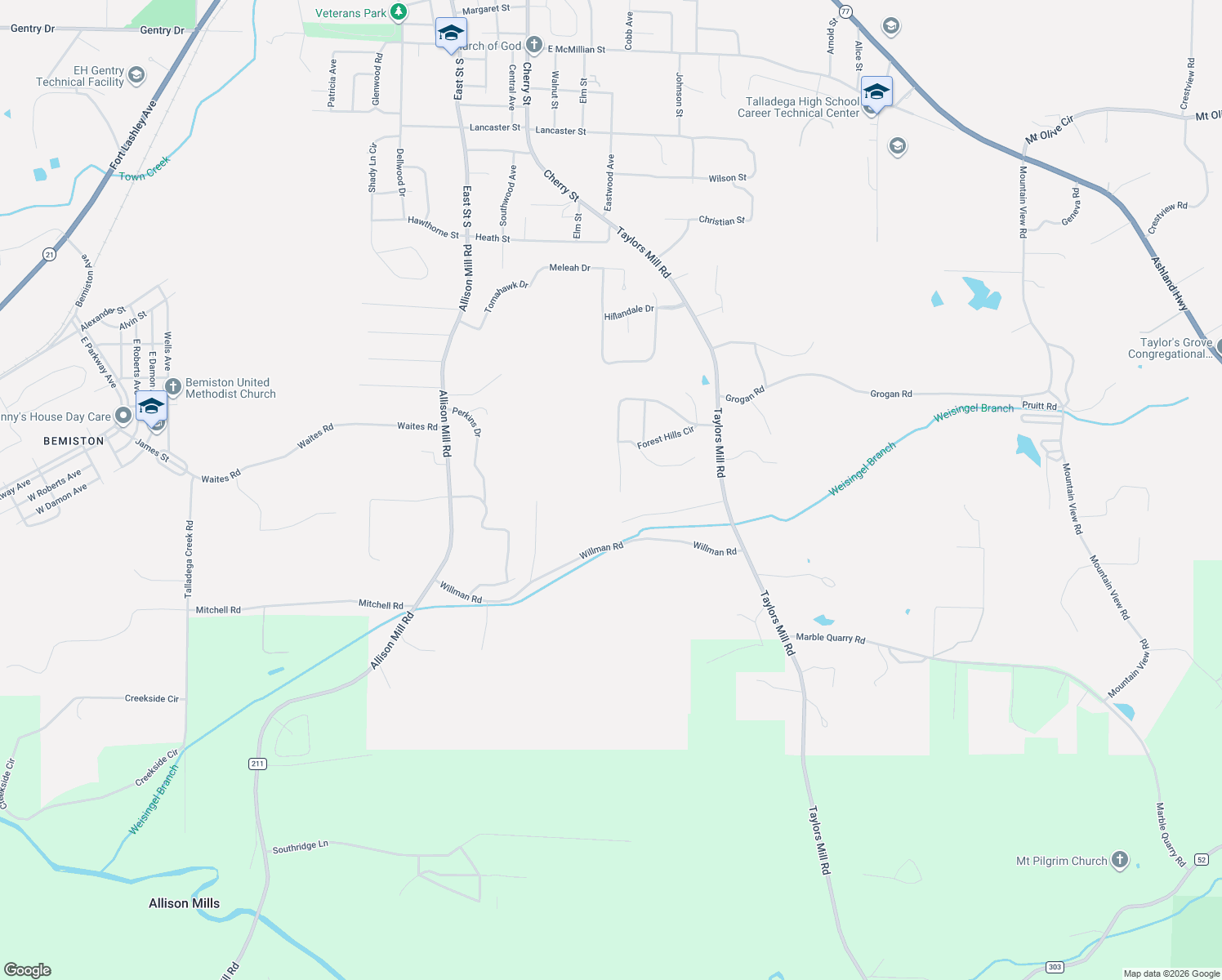 map of restaurants, bars, coffee shops, grocery stores, and more near 110 Hickory Lane in Talladega