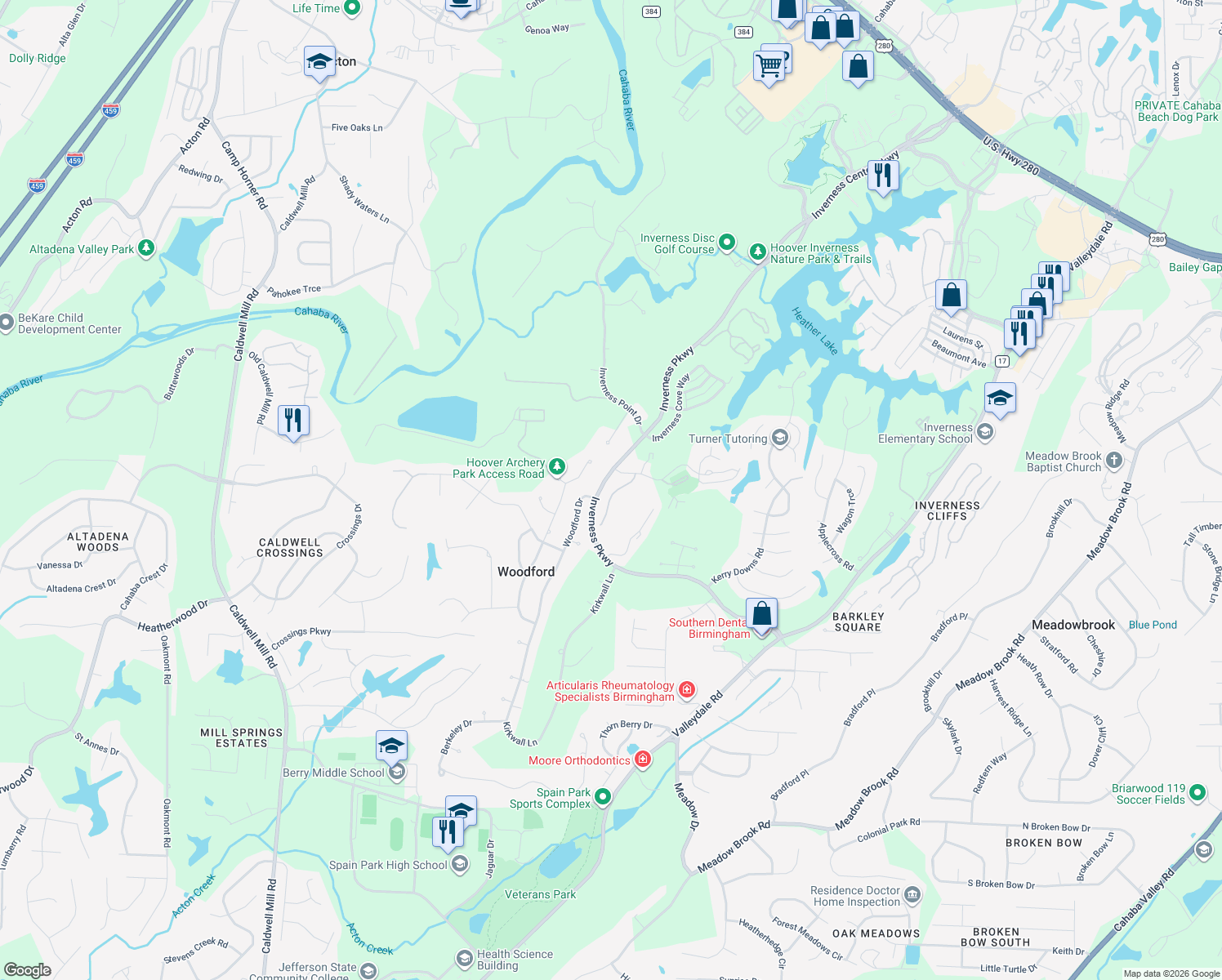 map of restaurants, bars, coffee shops, grocery stores, and more near 2027 Glen Eagle Lane in Birmingham