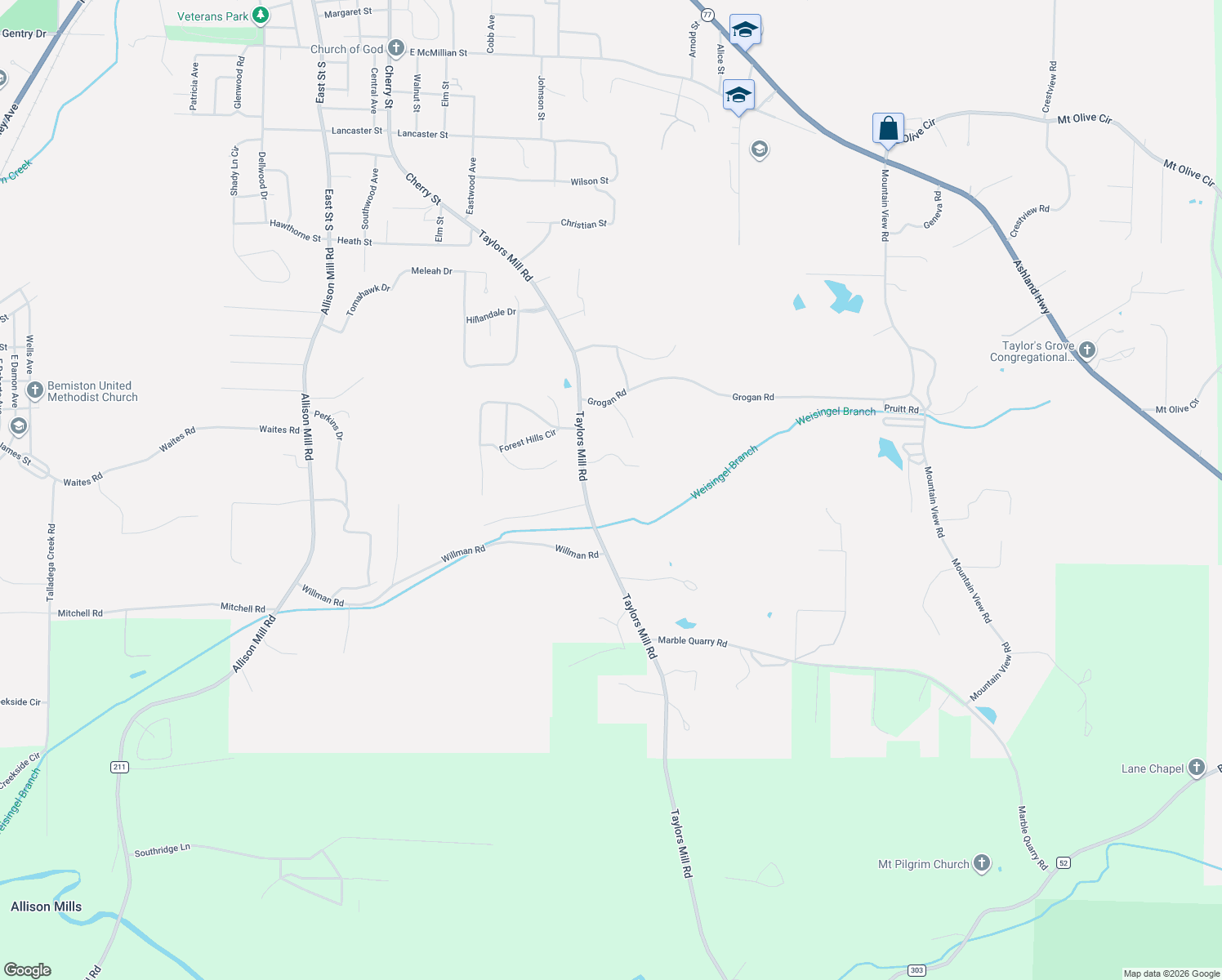 map of restaurants, bars, coffee shops, grocery stores, and more near 2101 Taylors Mill Road in Talladega