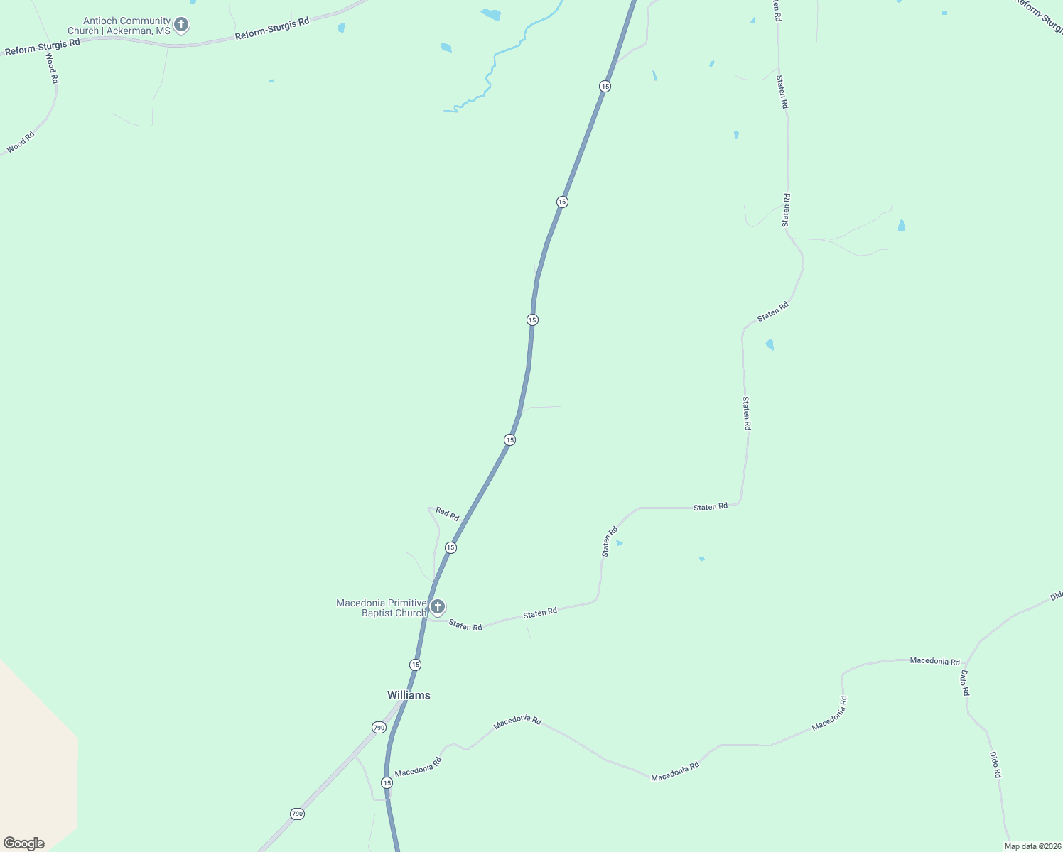 map of restaurants, bars, coffee shops, grocery stores, and more near 15540 Mississippi 15 in Ackerman