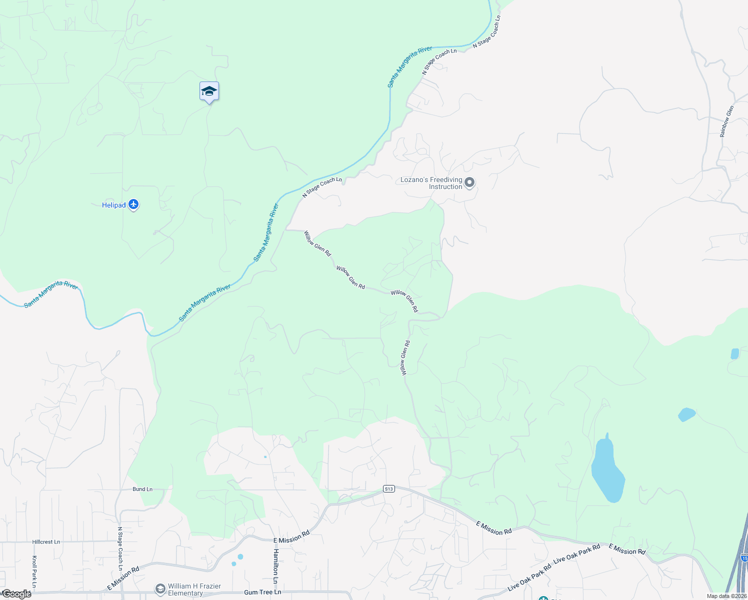 map of restaurants, bars, coffee shops, grocery stores, and more near 2100 Willow Glen Road in Fallbrook