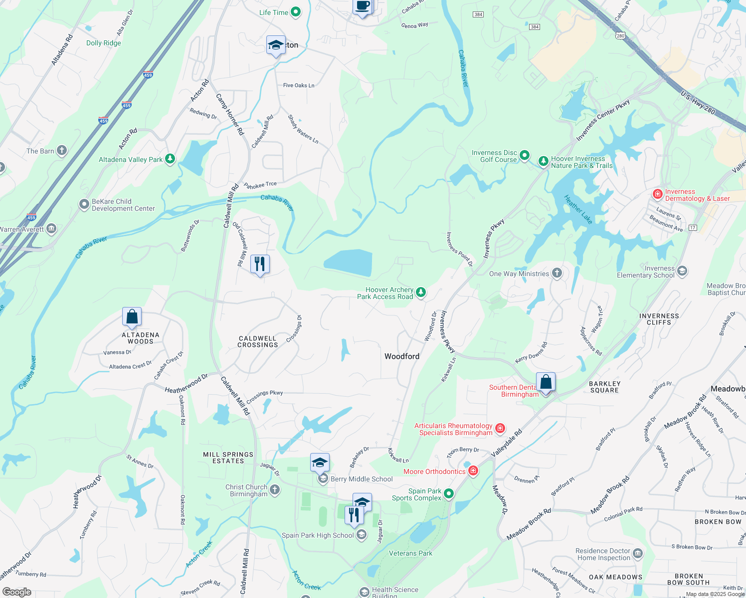 map of restaurants, bars, coffee shops, grocery stores, and more near 3504 Wyngate Trce in Birmingham