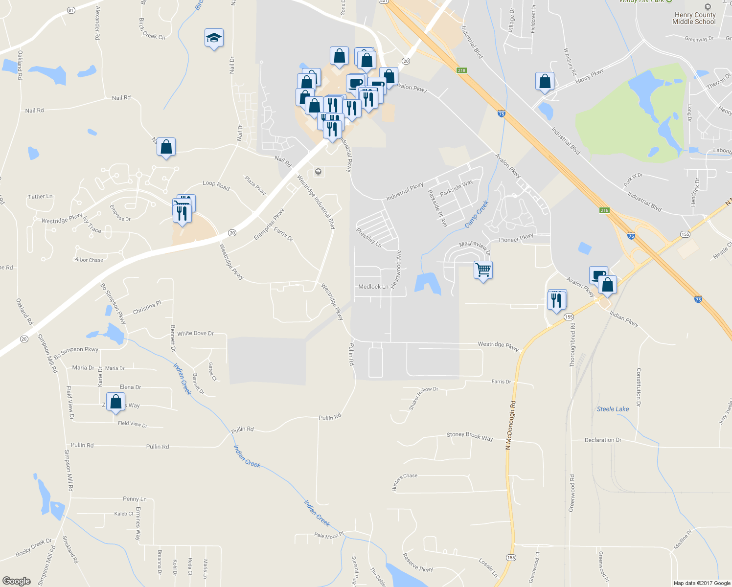 map of restaurants, bars, coffee shops, grocery stores, and more near 1909 Weatherstaff Lane in McDonough