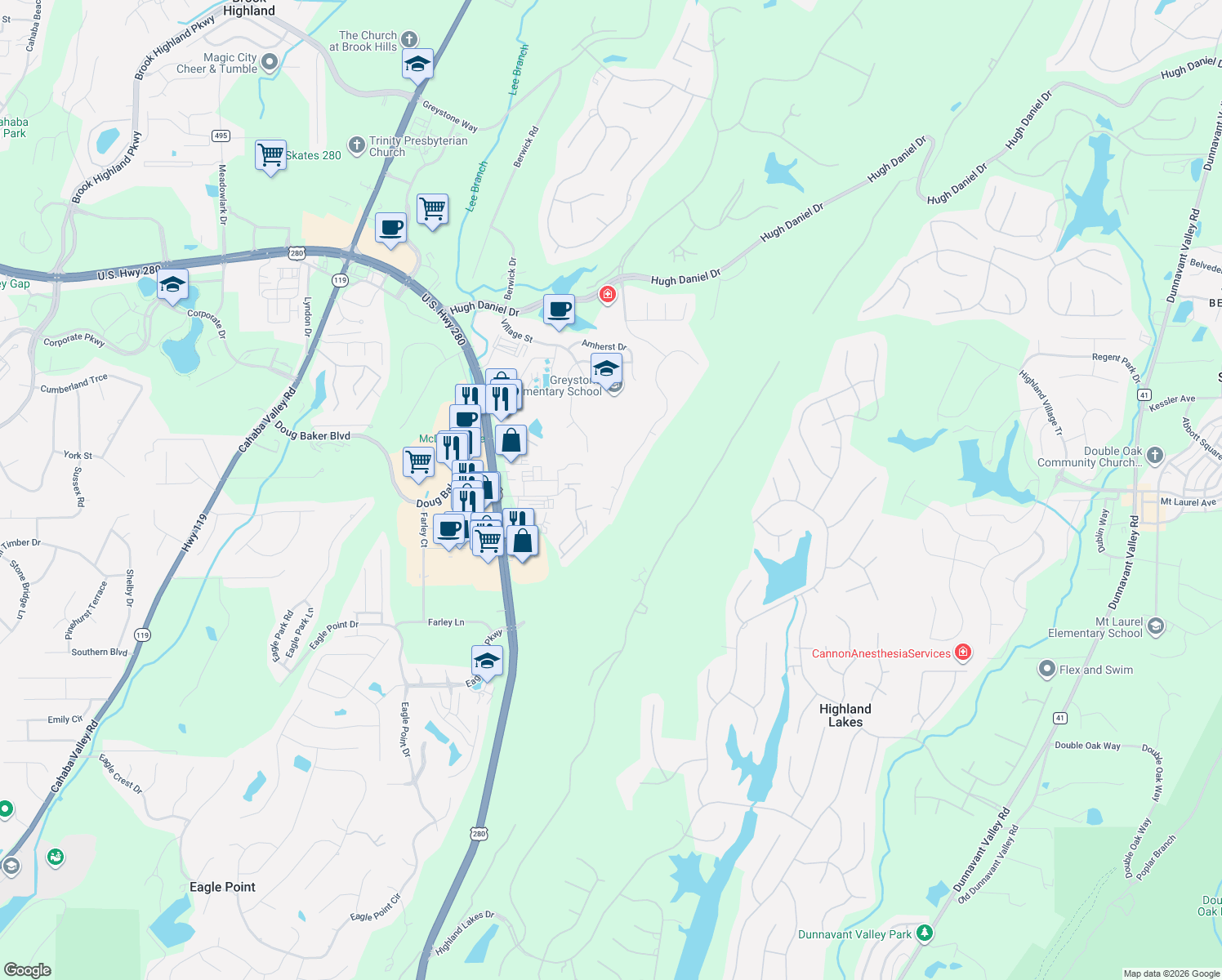map of restaurants, bars, coffee shops, grocery stores, and more near 411 Greystone Glen Circle in Birmingham