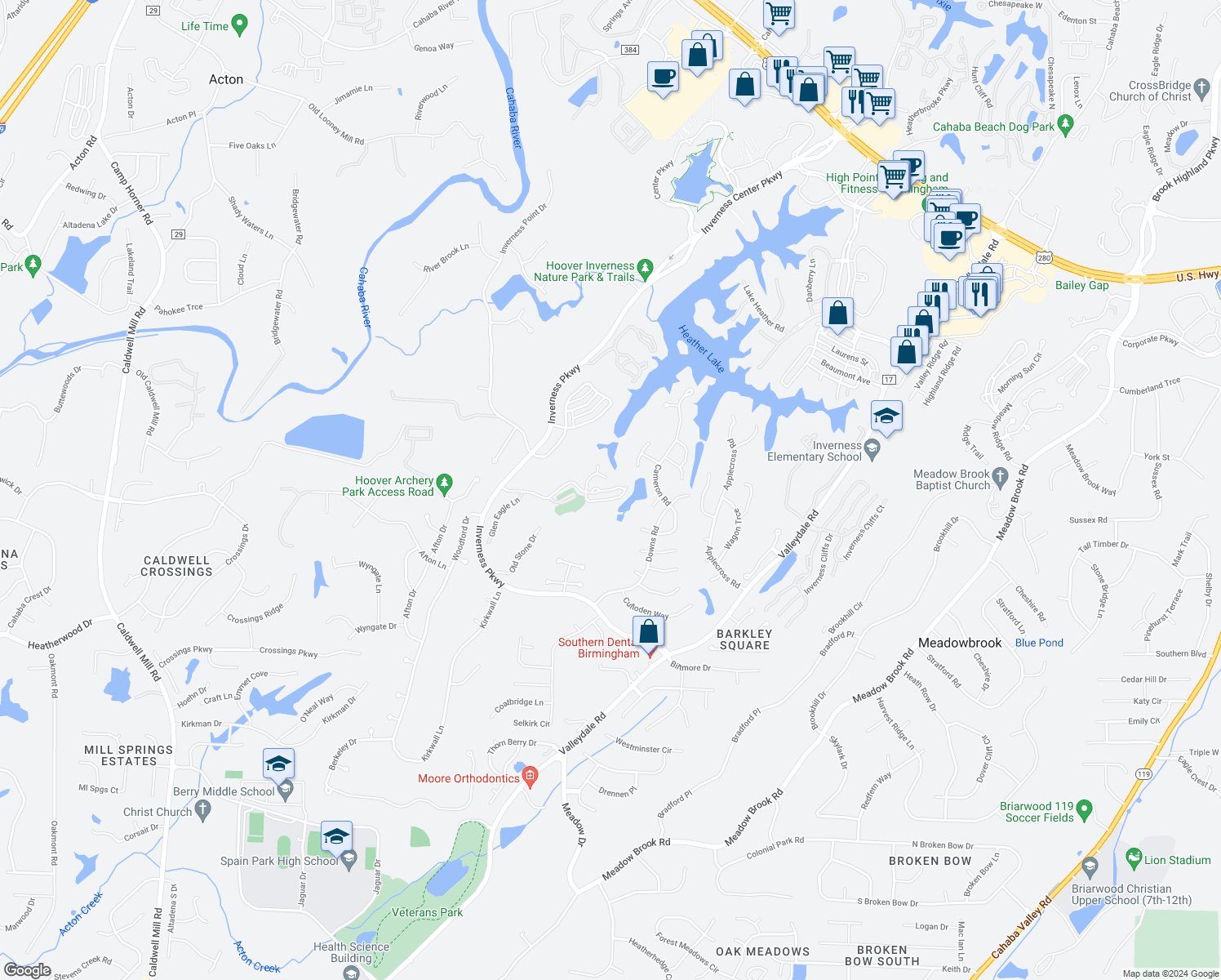 map of restaurants, bars, coffee shops, grocery stores, and more near Cambrian Way in Birmingham