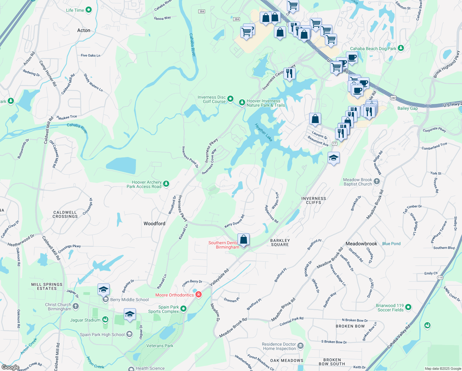 map of restaurants, bars, coffee shops, grocery stores, and more near 119 Cambrian Way in Birmingham