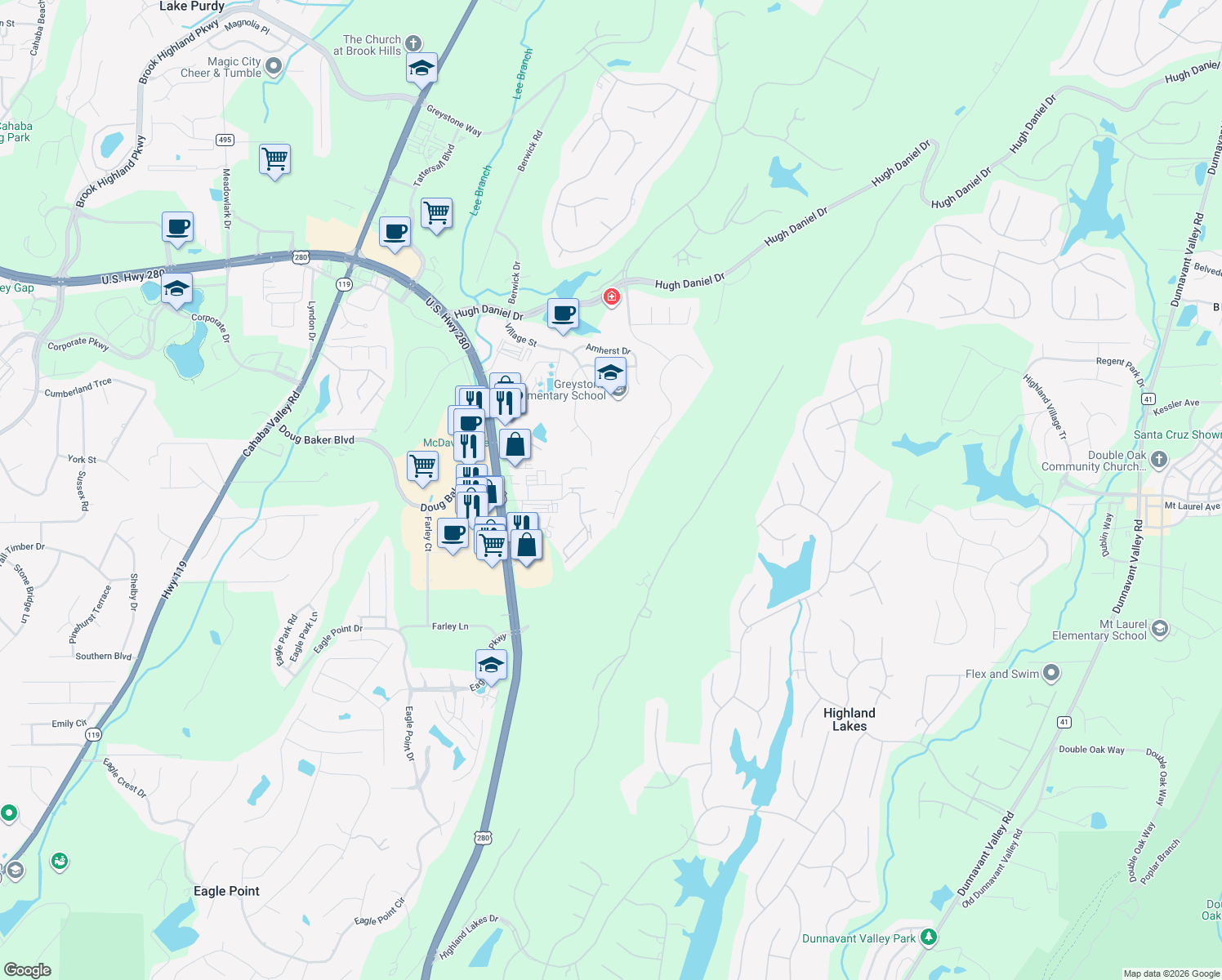 map of restaurants, bars, coffee shops, grocery stores, and more near 394 Greystone Glen Circle in Birmingham