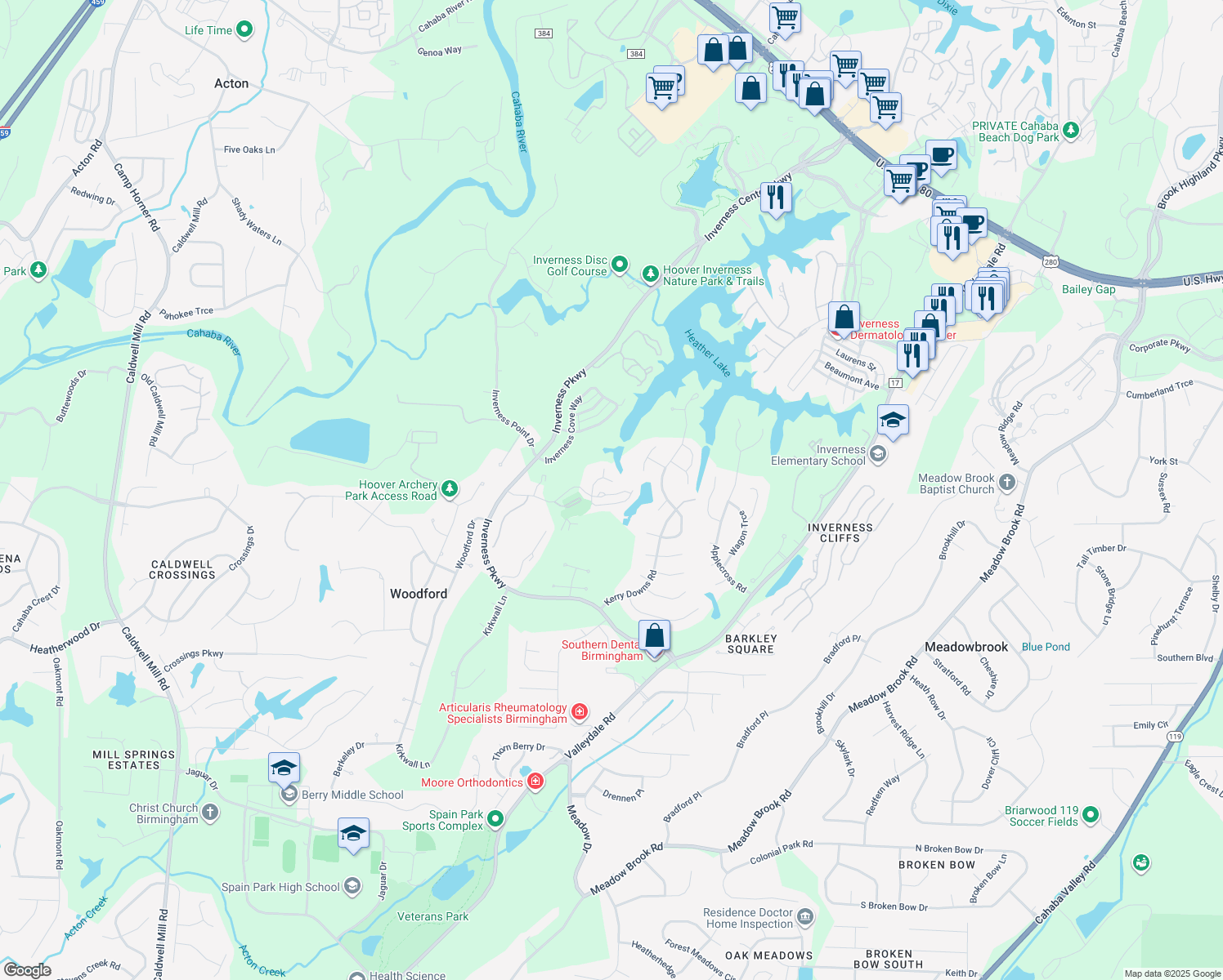 map of restaurants, bars, coffee shops, grocery stores, and more near 117 Cambrian Way in Birmingham