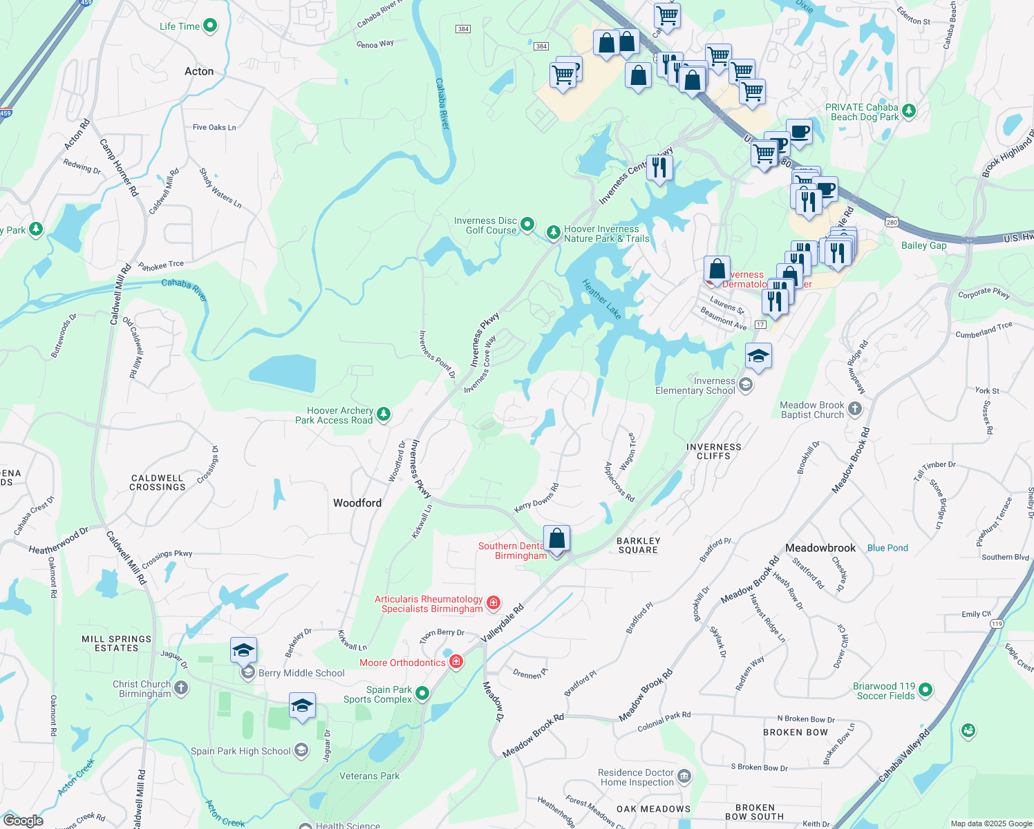 map of restaurants, bars, coffee shops, grocery stores, and more near 117 Cambrian Way in Birmingham