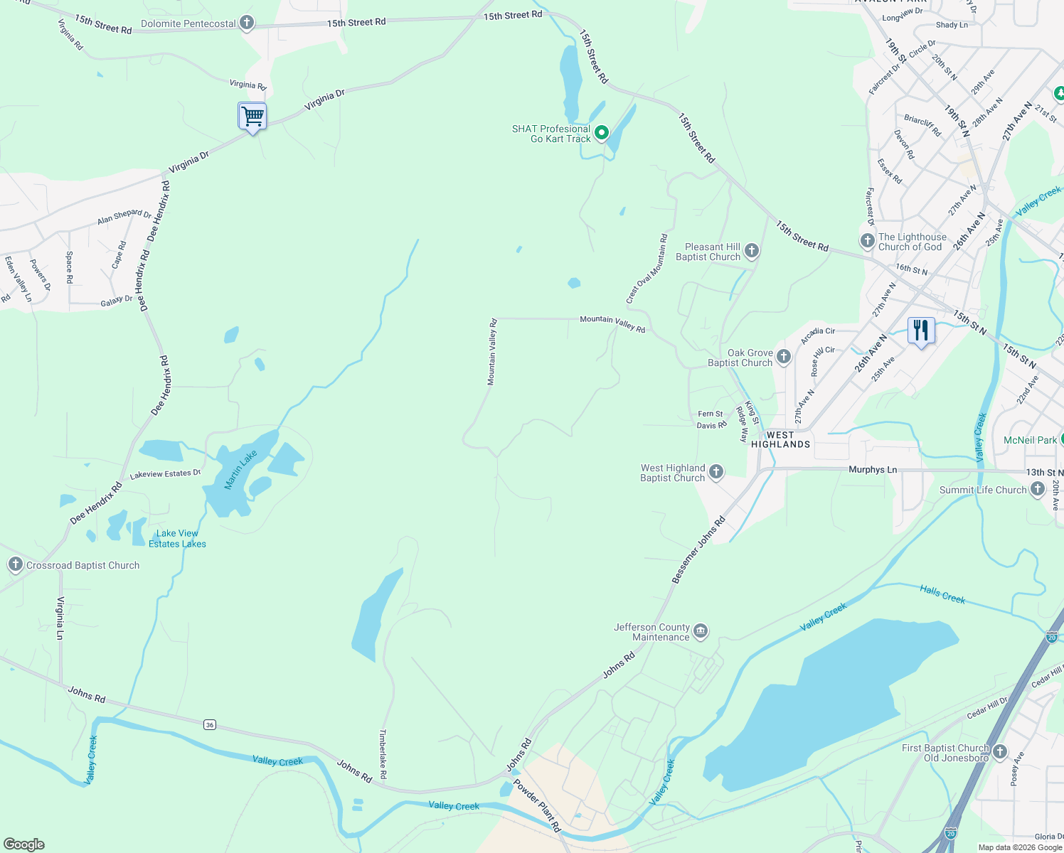 map of restaurants, bars, coffee shops, grocery stores, and more near 5138 Mountain Valley Road in Bessemer