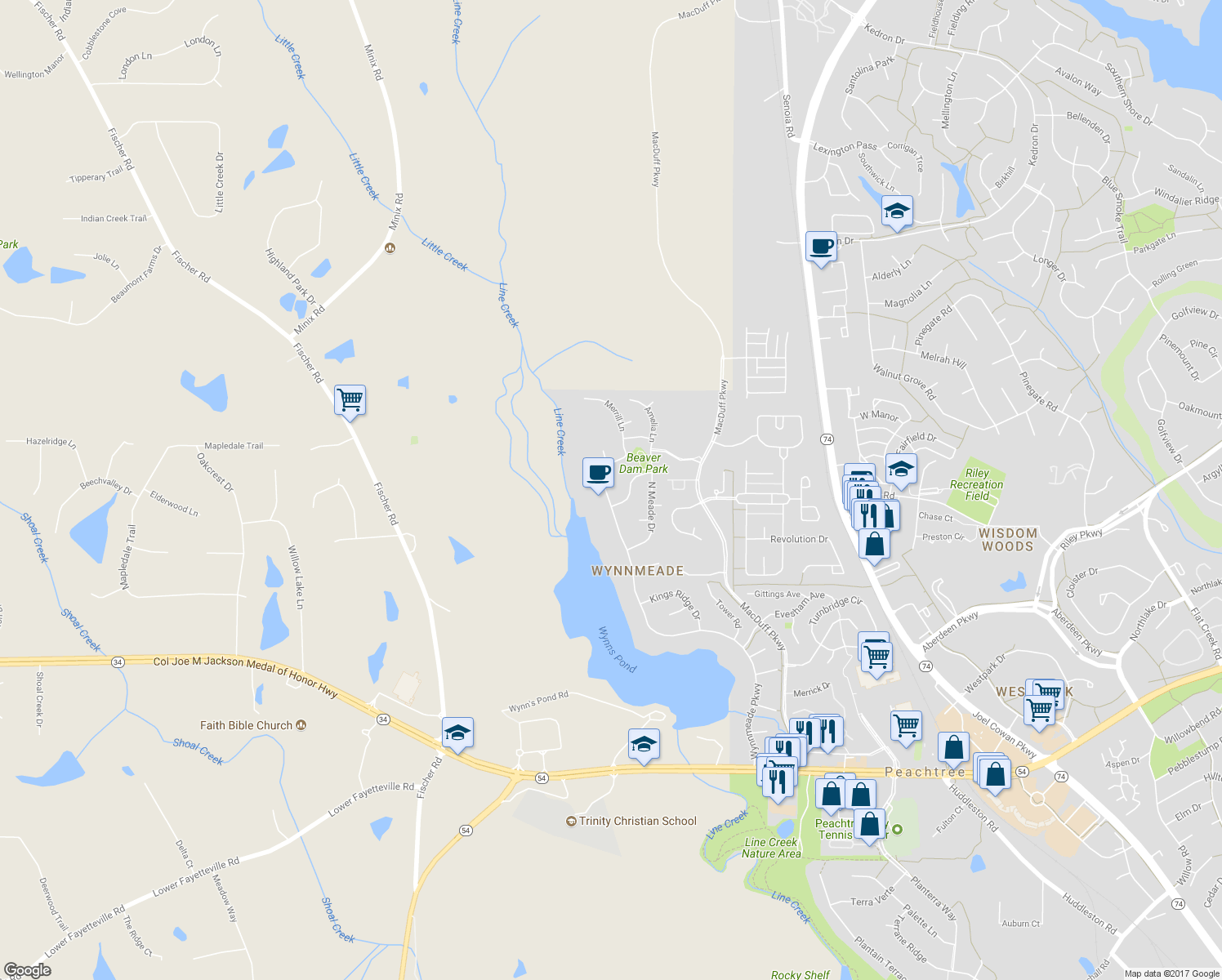 map of restaurants, bars, coffee shops, grocery stores, and more near 304 Wynnmeade Parkway in Peachtree City