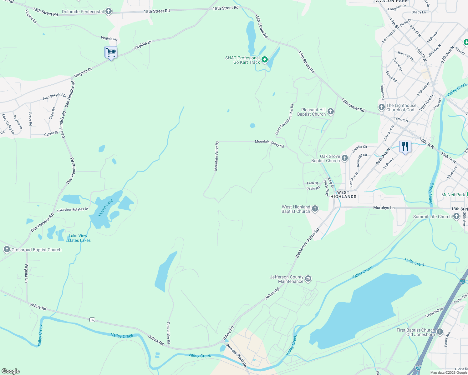 map of restaurants, bars, coffee shops, grocery stores, and more near 5138 Mountain Valley Road in Bessemer