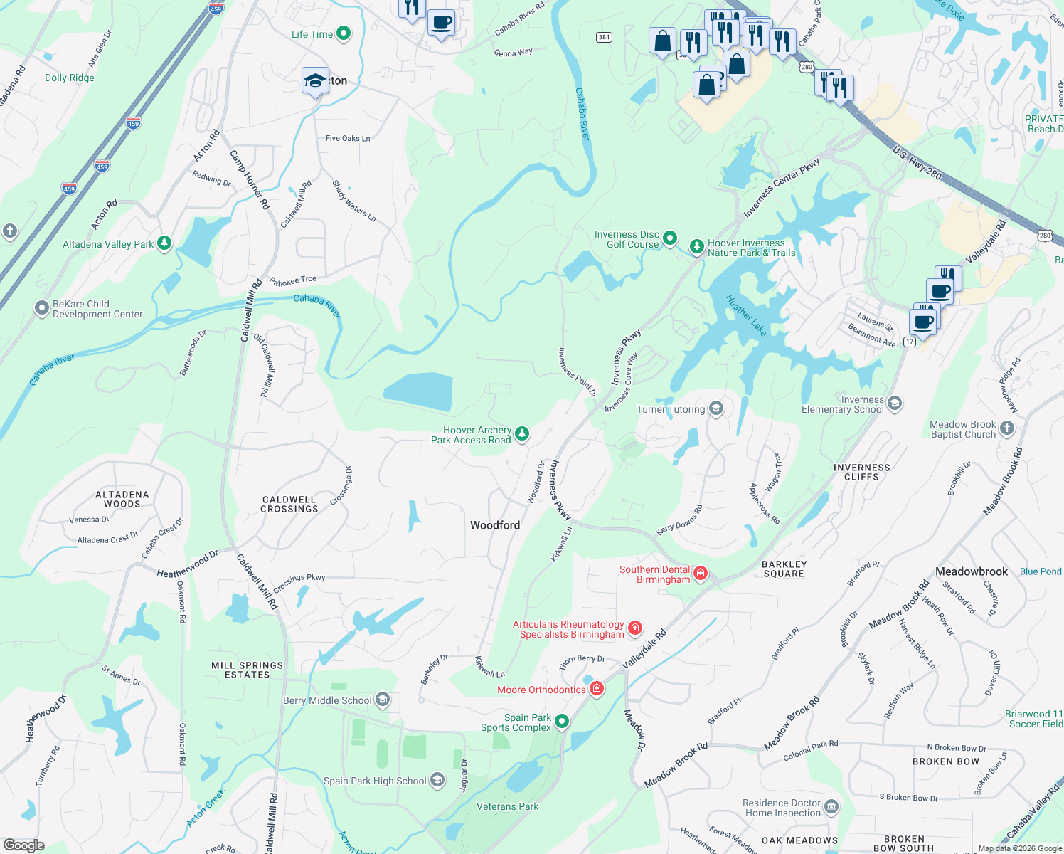 map of restaurants, bars, coffee shops, grocery stores, and more near 5425 Afton Drive in Birmingham