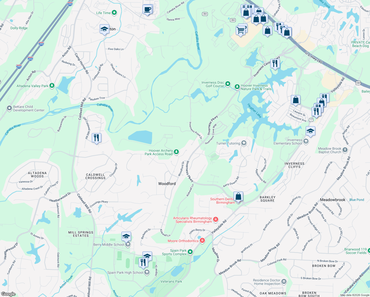 map of restaurants, bars, coffee shops, grocery stores, and more near 5425 Afton Drive in Birmingham