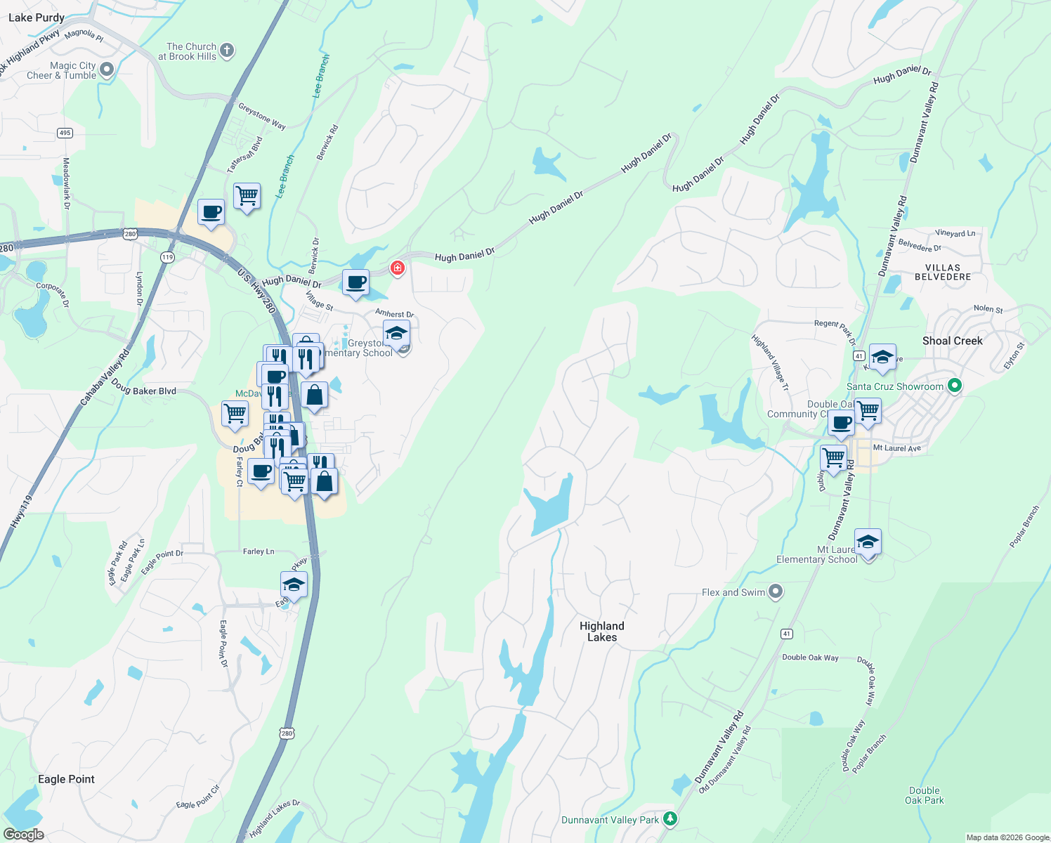 map of restaurants, bars, coffee shops, grocery stores, and more near 1017 Locksley Circle in Birmingham