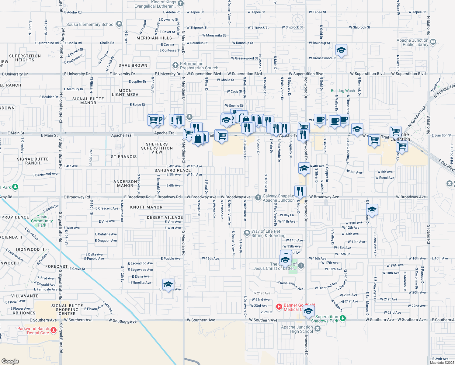 map of restaurants, bars, coffee shops, grocery stores, and more near 610 South Desert View Drive in Apache Junction