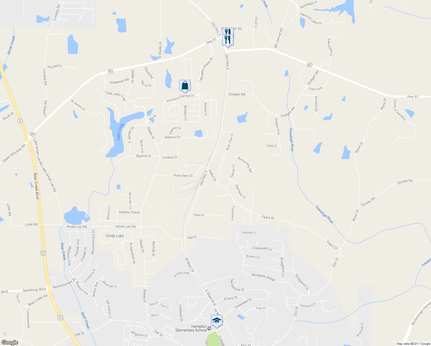 map of restaurants, bars, coffee shops, grocery stores, and more near 204 River View Court in Hampton