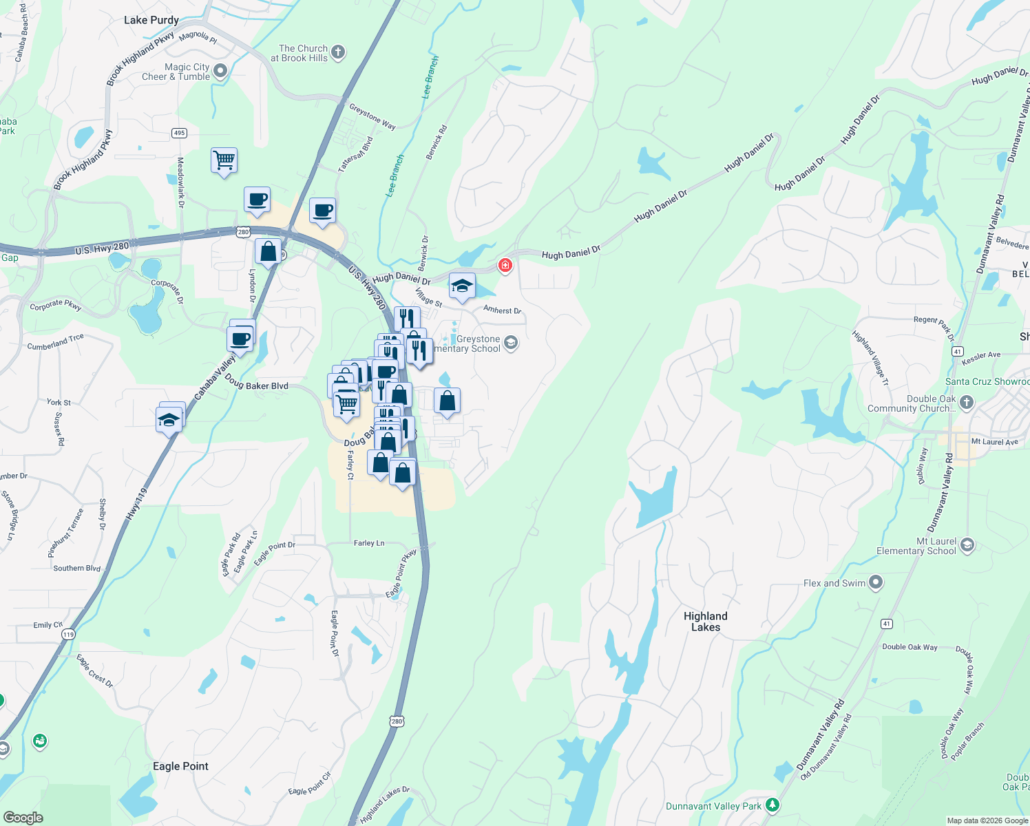 map of restaurants, bars, coffee shops, grocery stores, and more near 394 Greystone Glen Circle in Birmingham