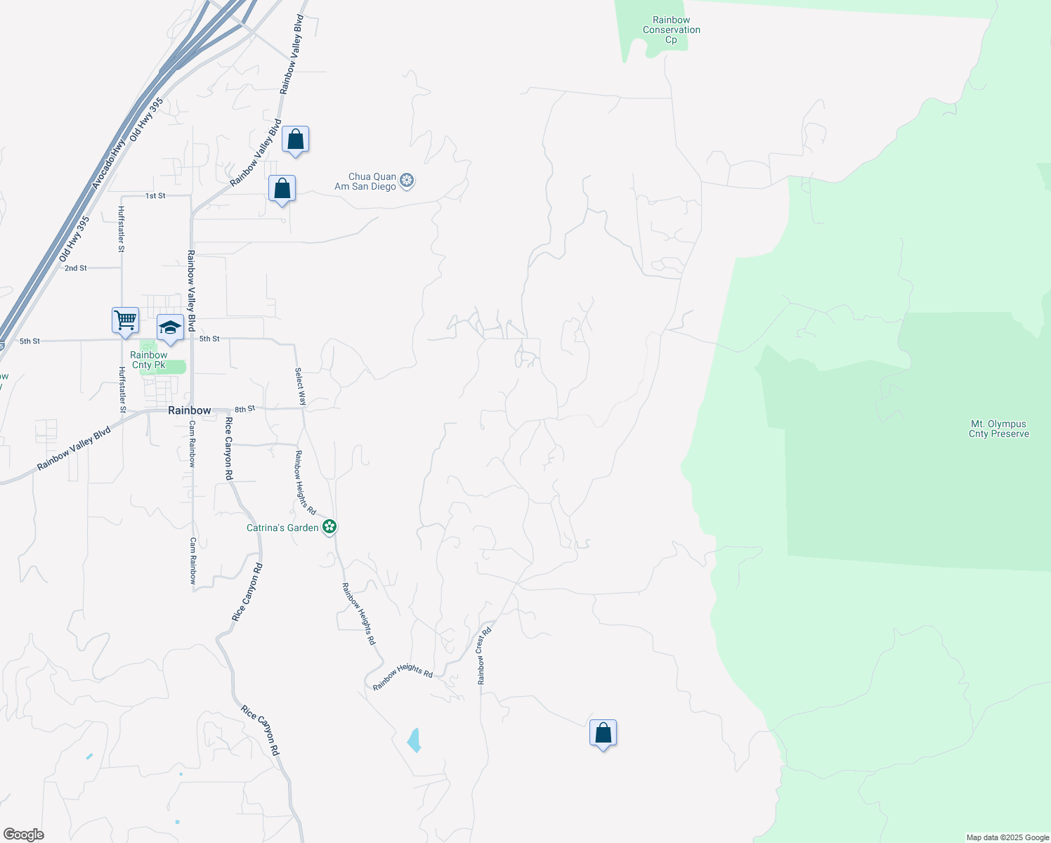 map of restaurants, bars, coffee shops, grocery stores, and more near Rainbow Heights Road in Fallbrook