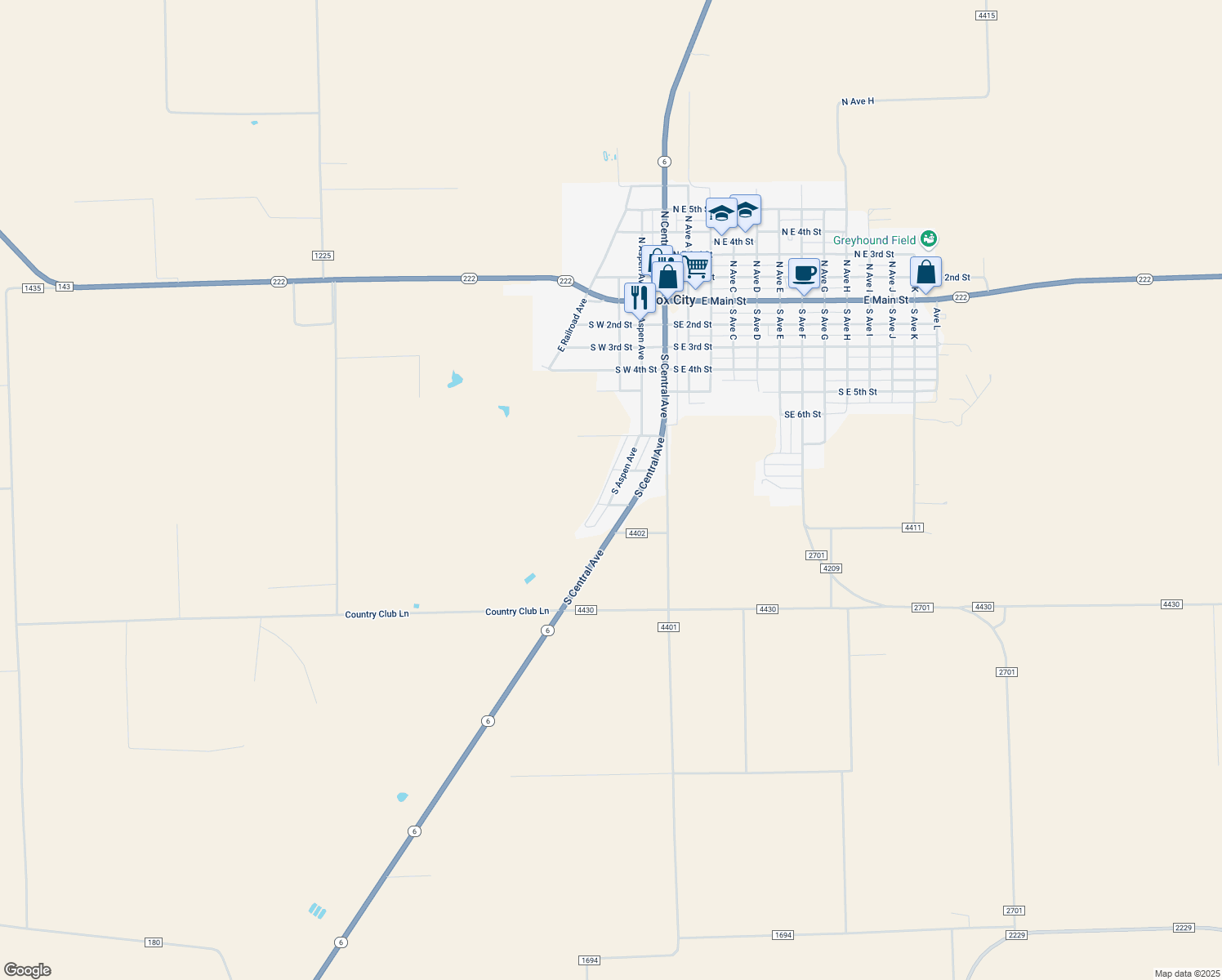 map of restaurants, bars, coffee shops, grocery stores, and more near 806 South Aspen Avenue in Knox City
