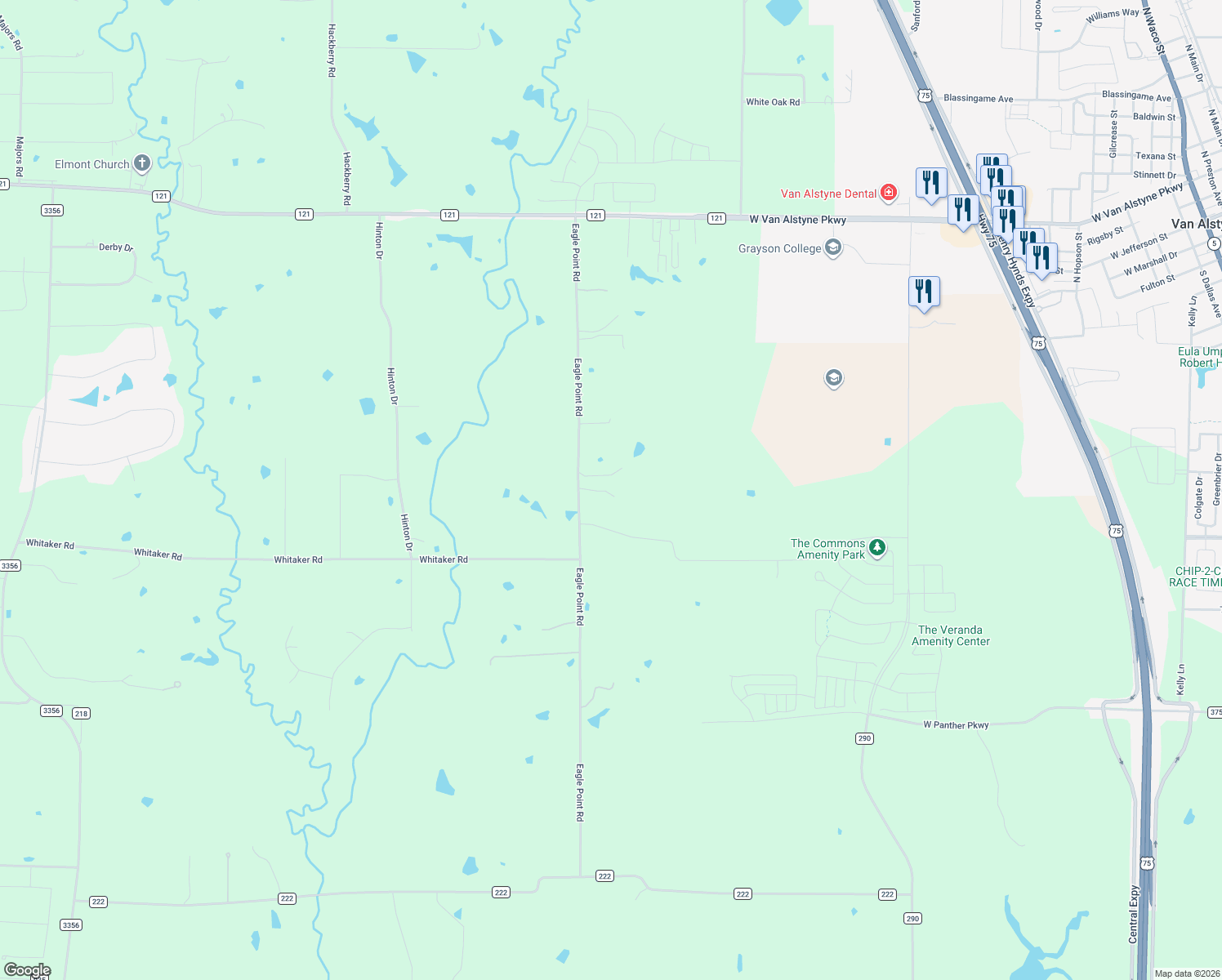 map of restaurants, bars, coffee shops, grocery stores, and more near 822 Eagle Point Rd in Van Alstyne