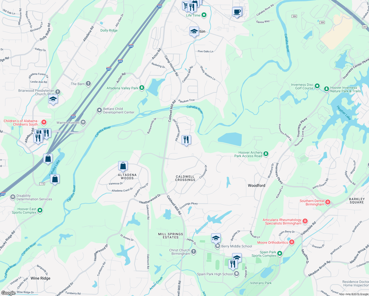 map of restaurants, bars, coffee shops, grocery stores, and more near 2953 Riverwood Terrace in Birmingham