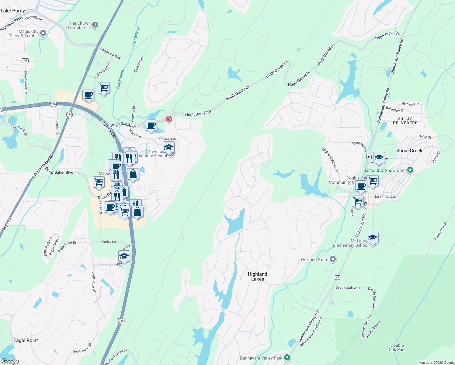 map of restaurants, bars, coffee shops, grocery stores, and more near 1017 Locksley Circle in Birmingham