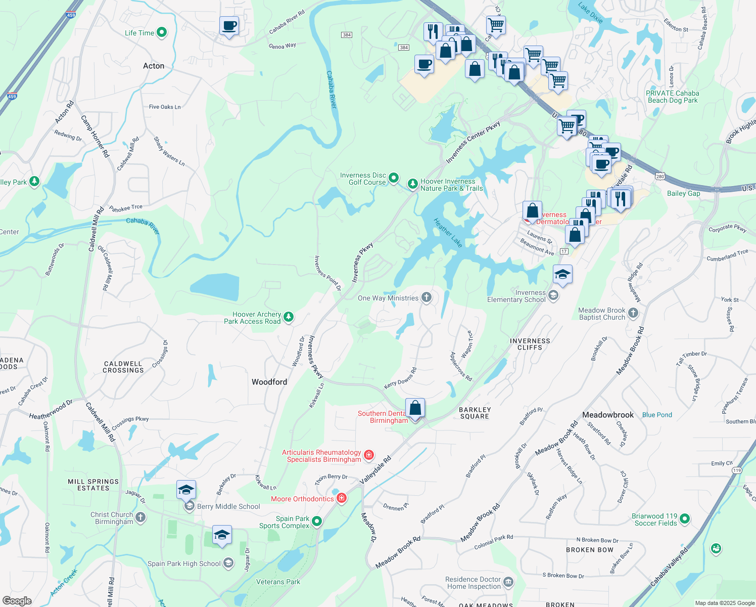 map of restaurants, bars, coffee shops, grocery stores, and more near 323 Heath Drive in Birmingham