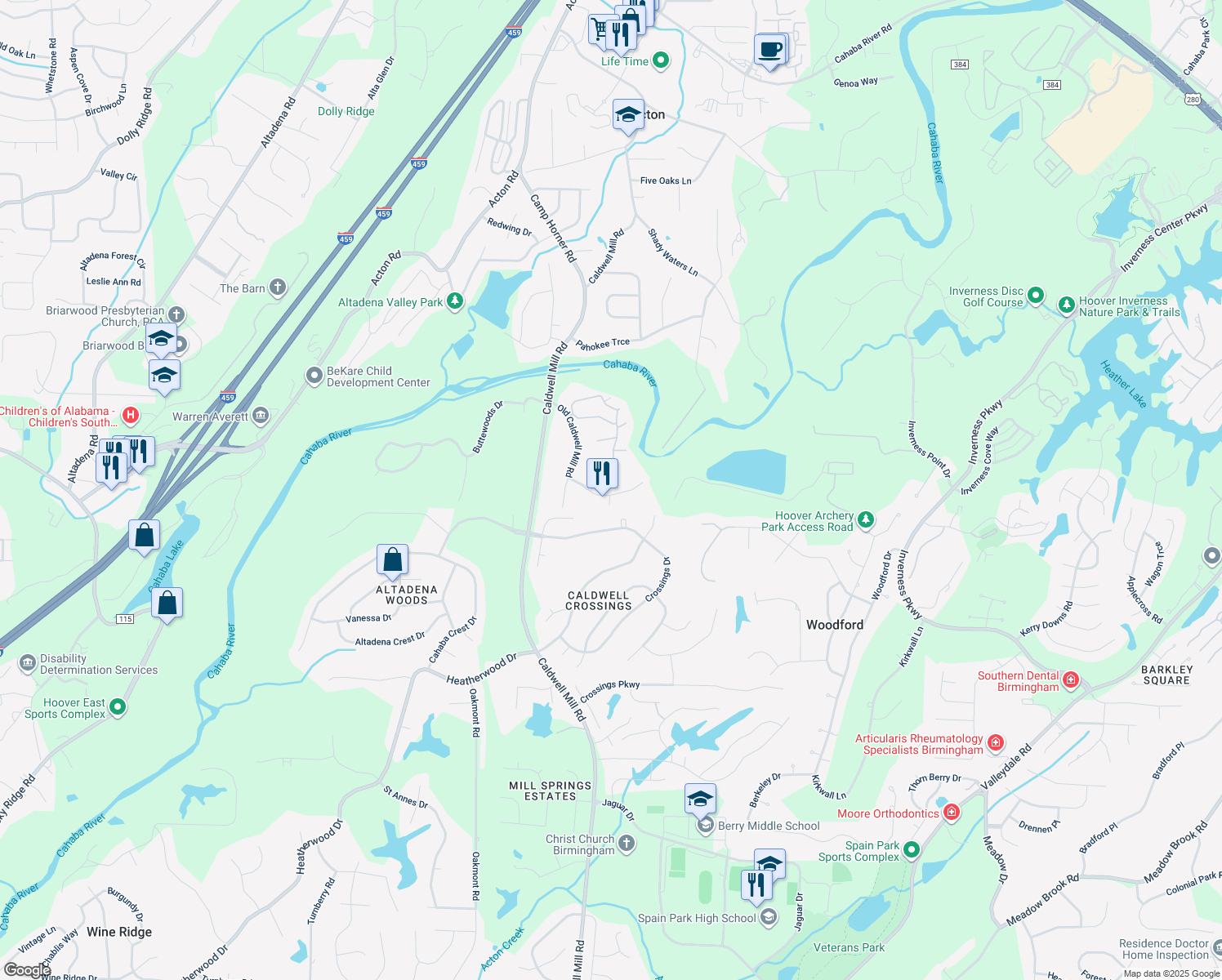 map of restaurants, bars, coffee shops, grocery stores, and more near 4825 Riverwood Place in Birmingham