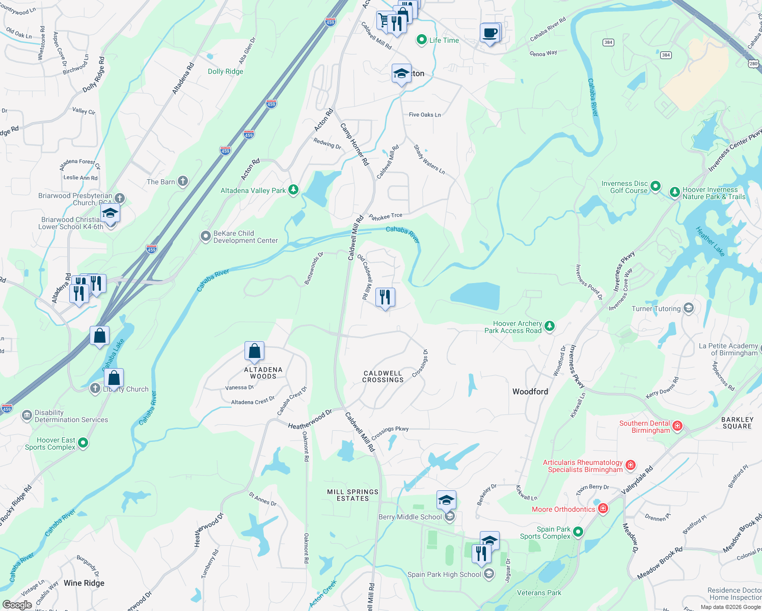 map of restaurants, bars, coffee shops, grocery stores, and more near 4861 Riverwood Place in Birmingham