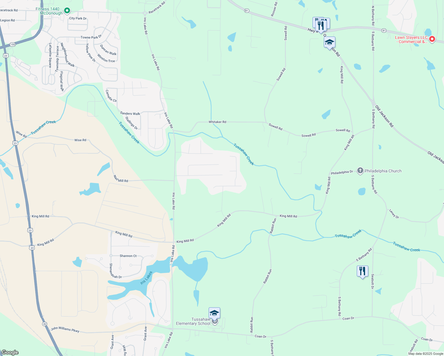 map of restaurants, bars, coffee shops, grocery stores, and more near 136 Brittany Ln in McDonough