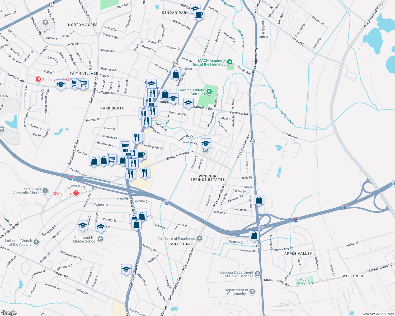 map of restaurants, bars, coffee shops, grocery stores, and more near 3204 Gerald Drive East in Augusta