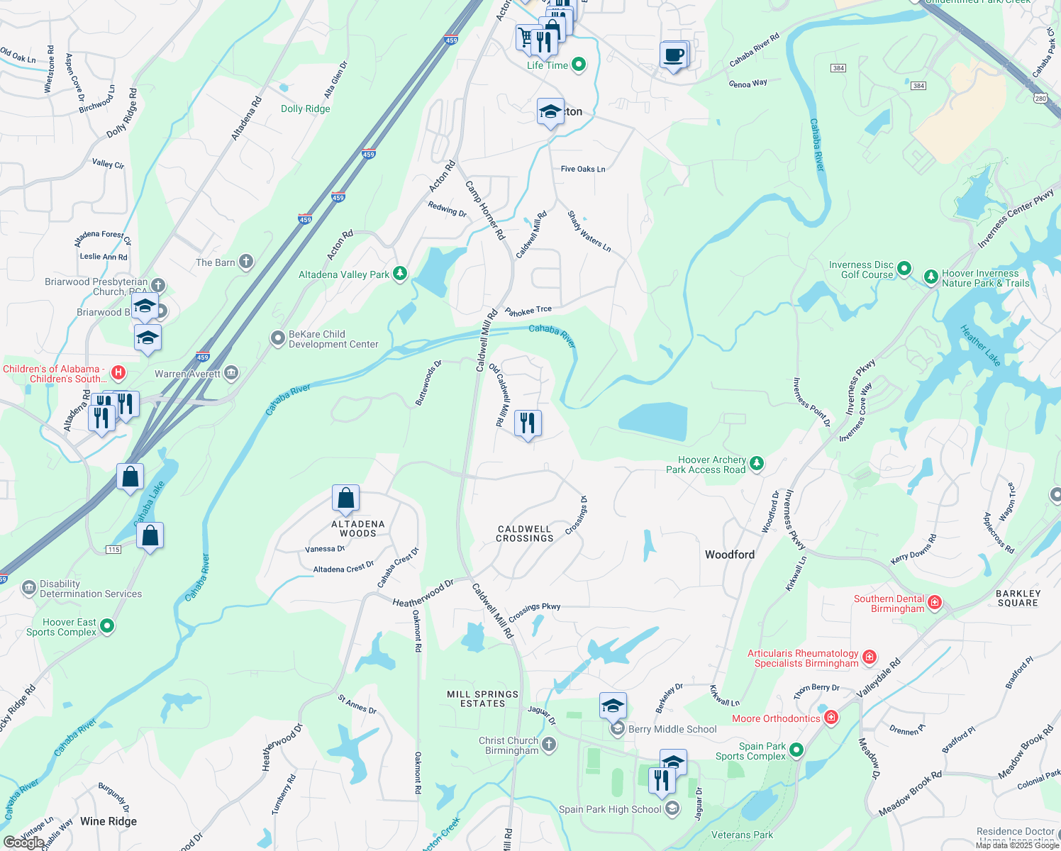 map of restaurants, bars, coffee shops, grocery stores, and more near 4825 Riverwood Place in Birmingham