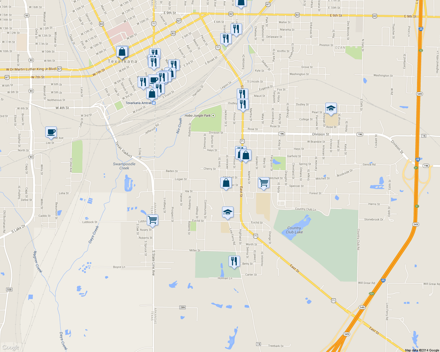 map of restaurants, bars, coffee shops, grocery stores, and more near 1018 Grim St in Texarkana