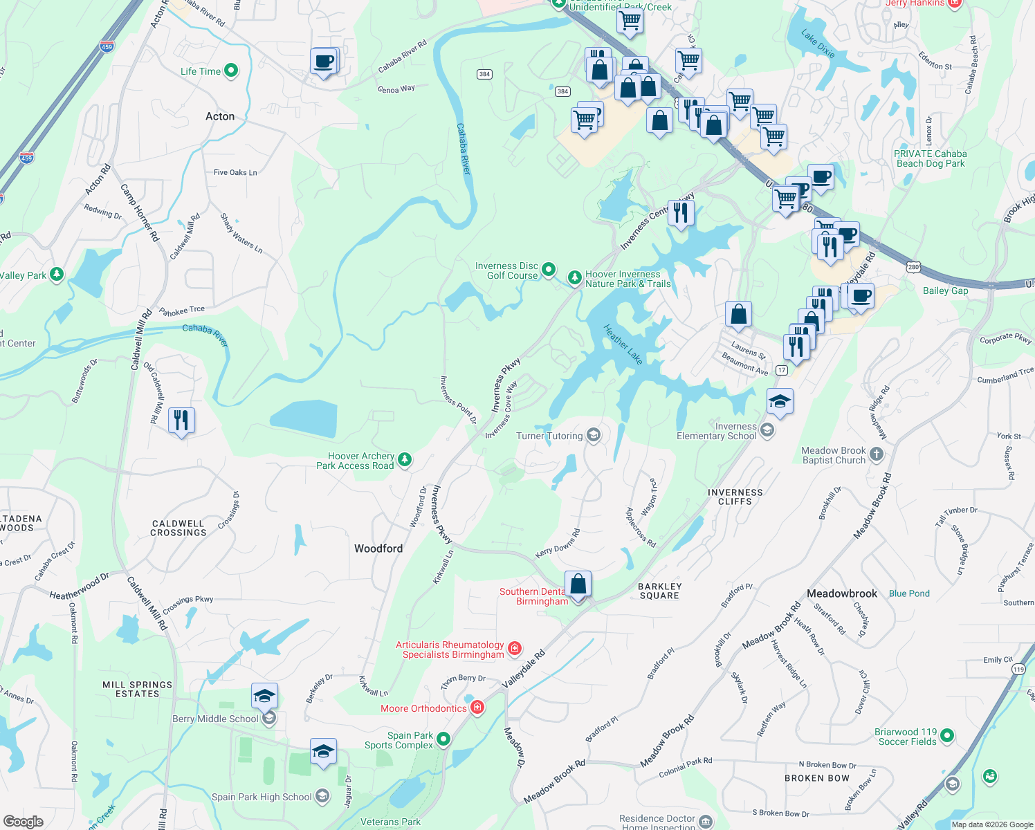 map of restaurants, bars, coffee shops, grocery stores, and more near 1380 Inverness Cove Drive in Birmingham
