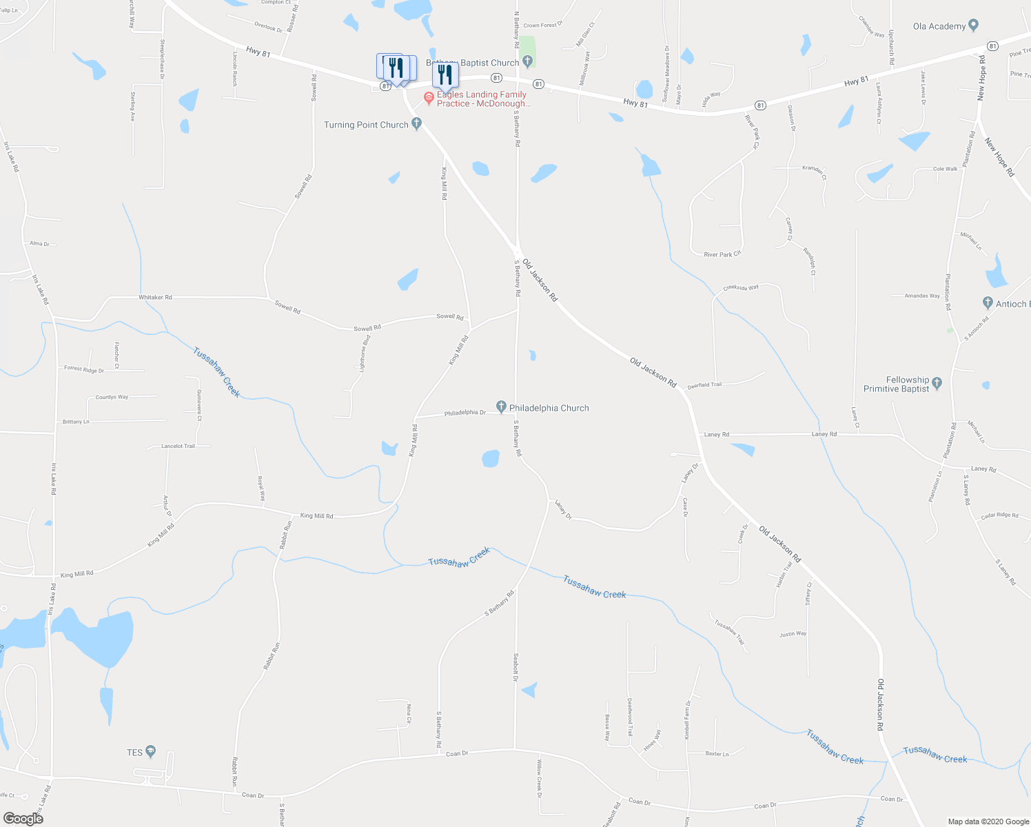 map of restaurants, bars, coffee shops, grocery stores, and more near South Bethany Road in Henry County