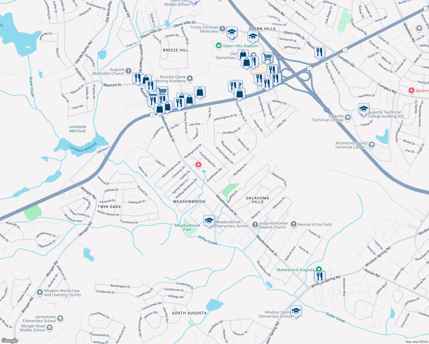 map of restaurants, bars, coffee shops, grocery stores, and more near 3511 Southwick Road in Augusta