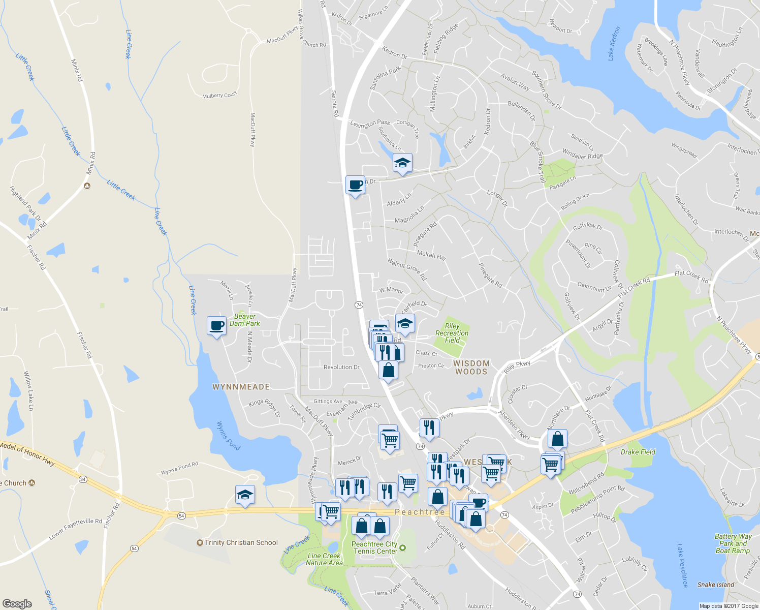 map of restaurants, bars, coffee shops, grocery stores, and more near 141 South Fairfield Drive in Peachtree City